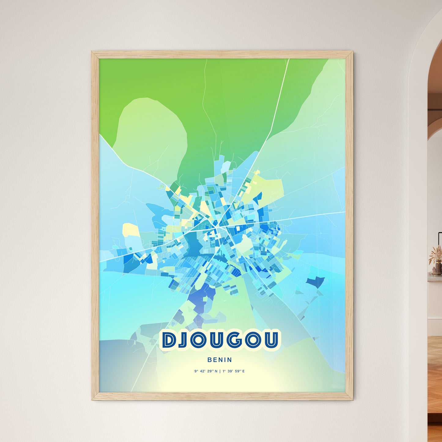 Colorful DJOUGOU BENIN Fine Art Map Cool Blue