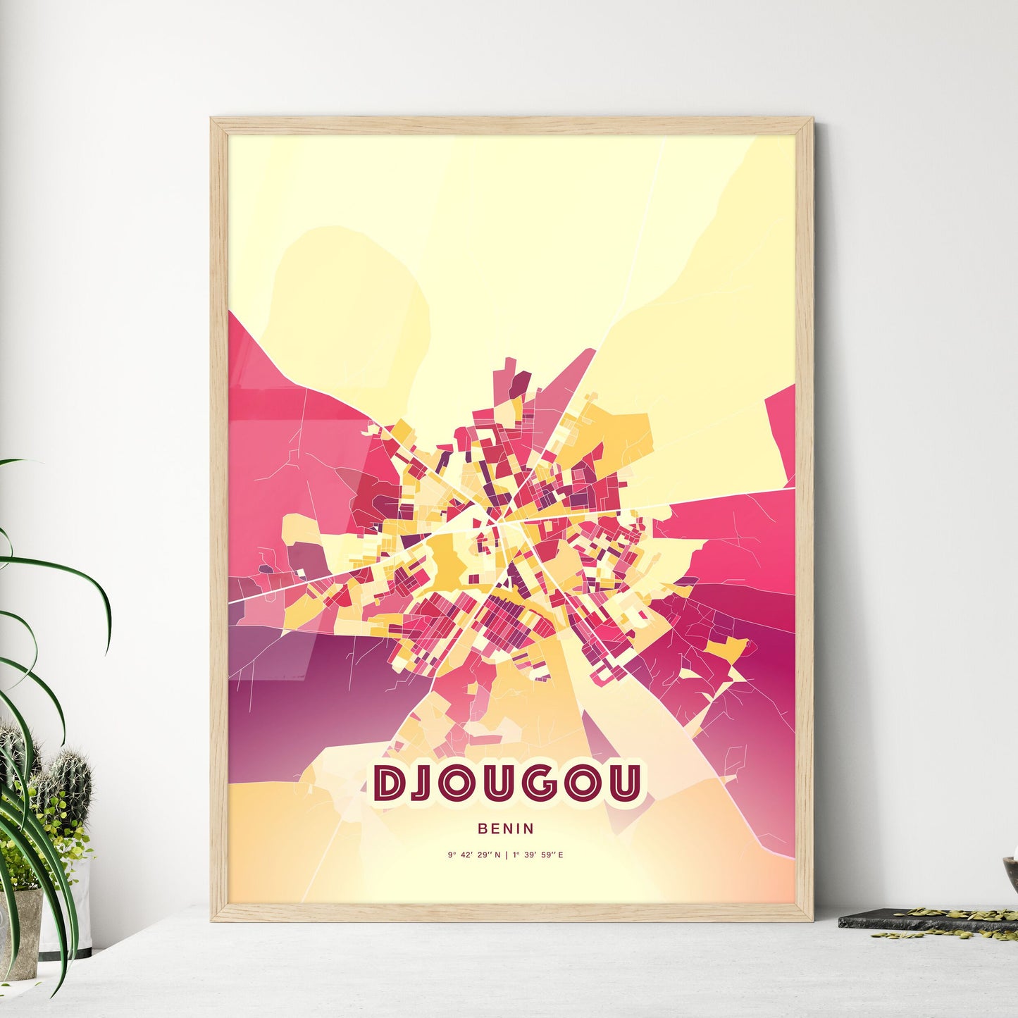 Colorful DJOUGOU BENIN Fine Art Map Hot Red