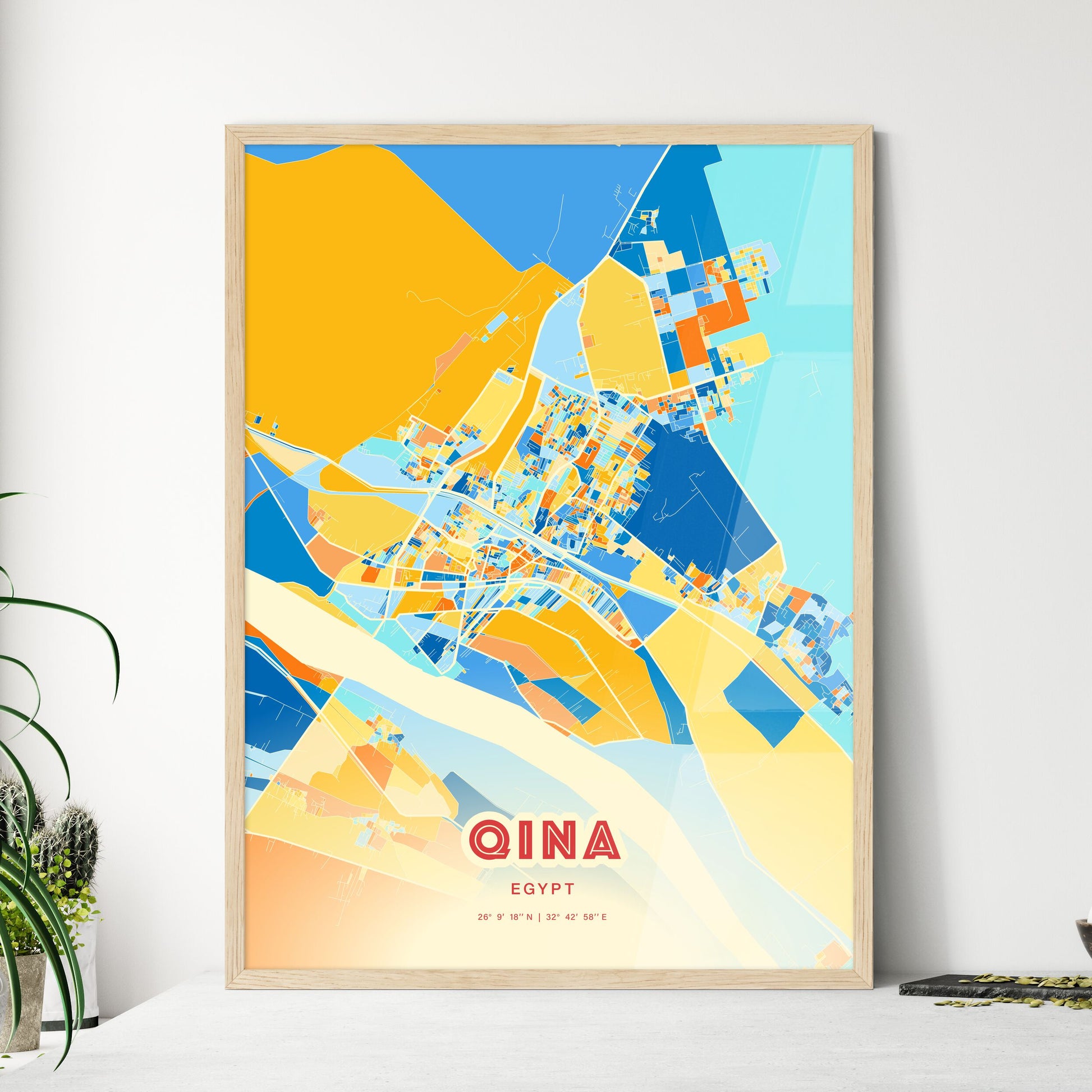 Colorful QINA EGYPT Fine Art Map Blue Orange