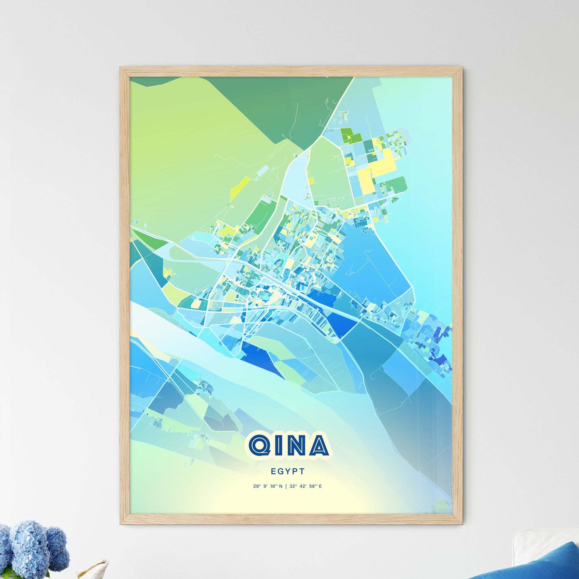 Colorful QINA EGYPT Fine Art Map Cool Blue