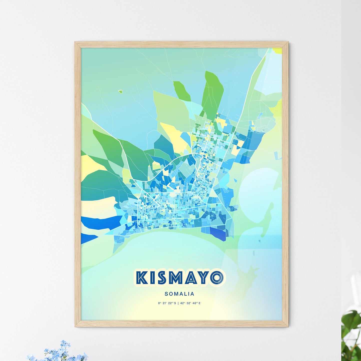 Colorful KISMAYO SOMALIA Fine Art Map Cool Blue