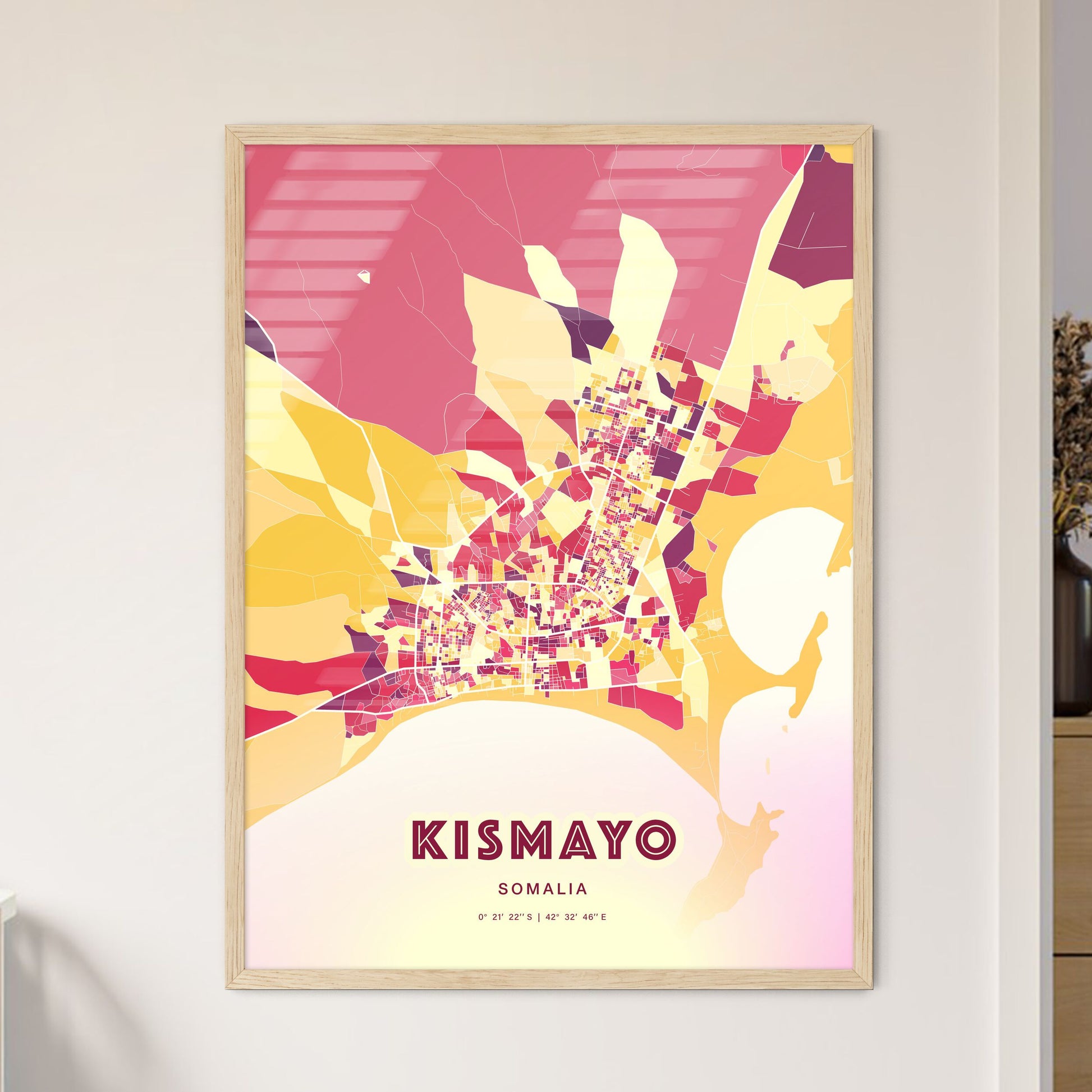 Colorful KISMAYO SOMALIA Fine Art Map Hot Red