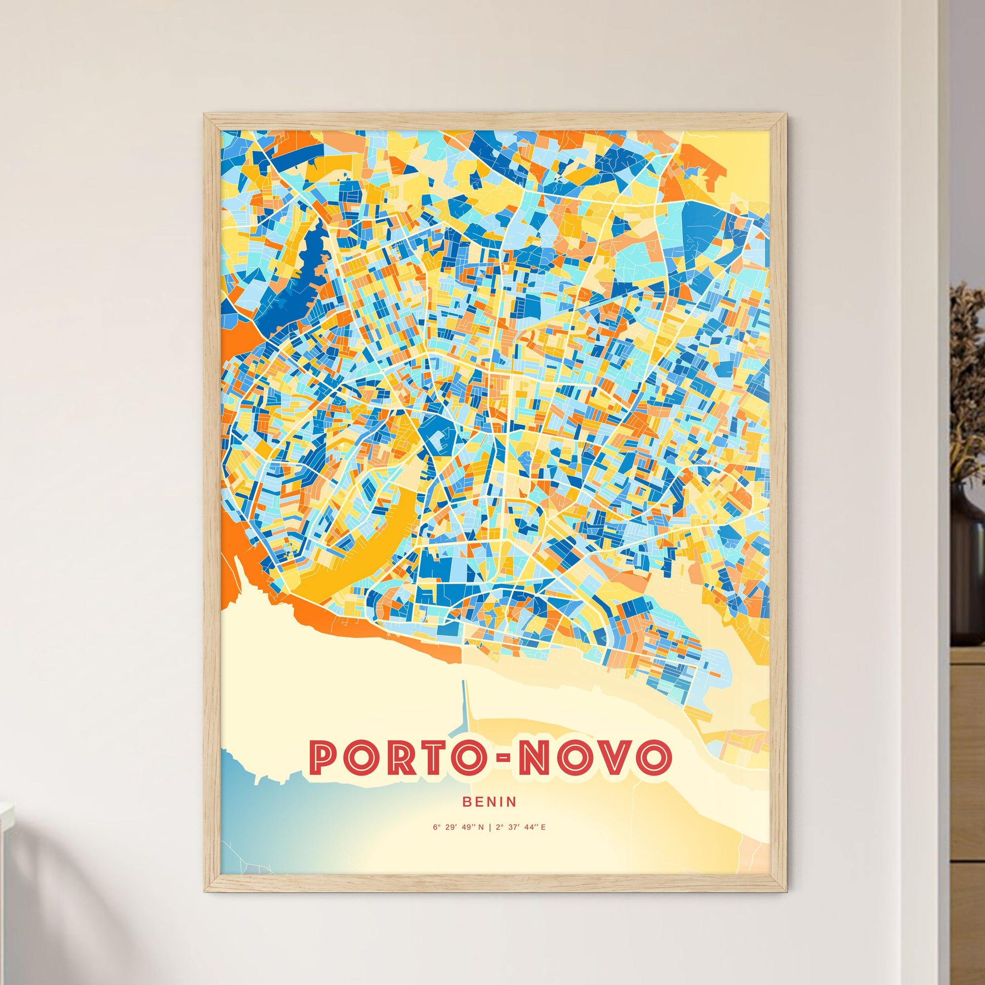 Colorful PORTO-NOVO BENIN Fine Art Map Blue Orange