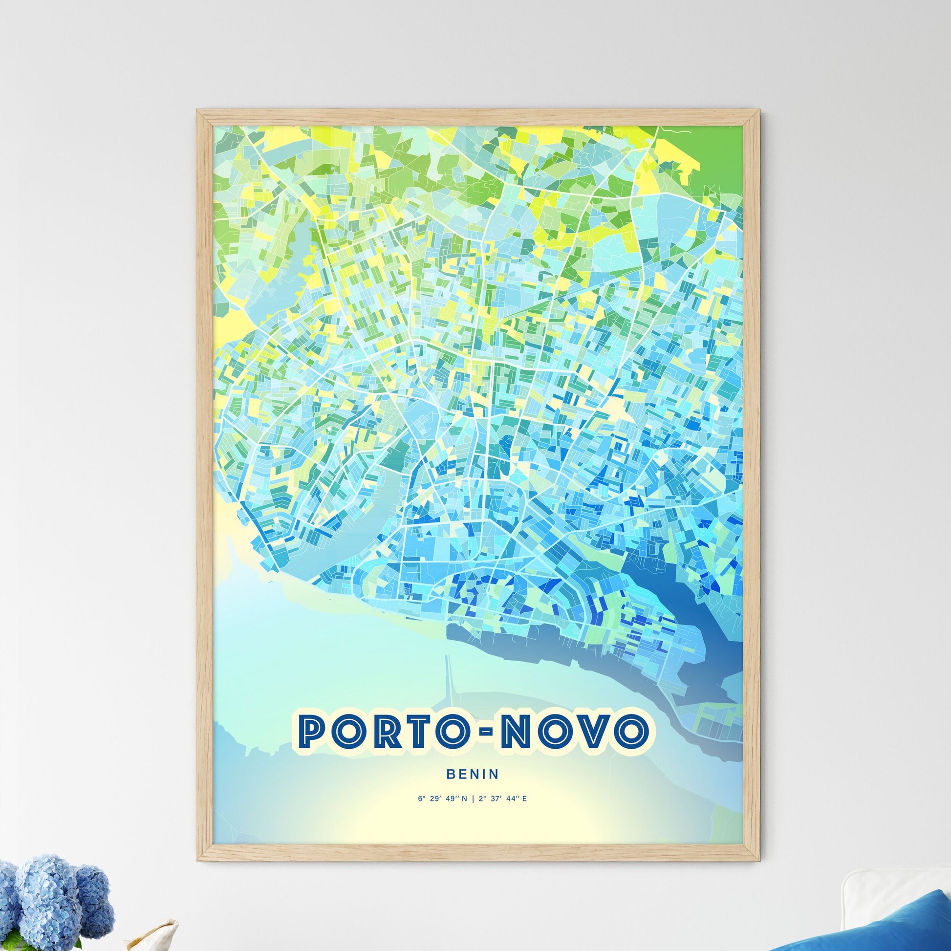 Colorful PORTO-NOVO BENIN Fine Art Map Cool Blue