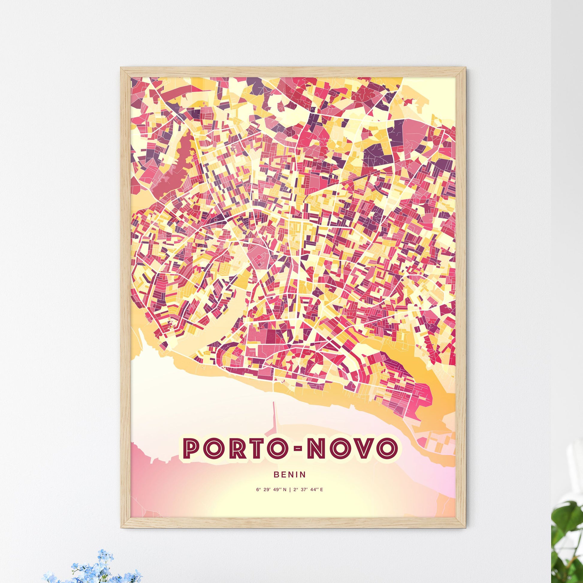 Colorful PORTO-NOVO BENIN Fine Art Map Hot Red