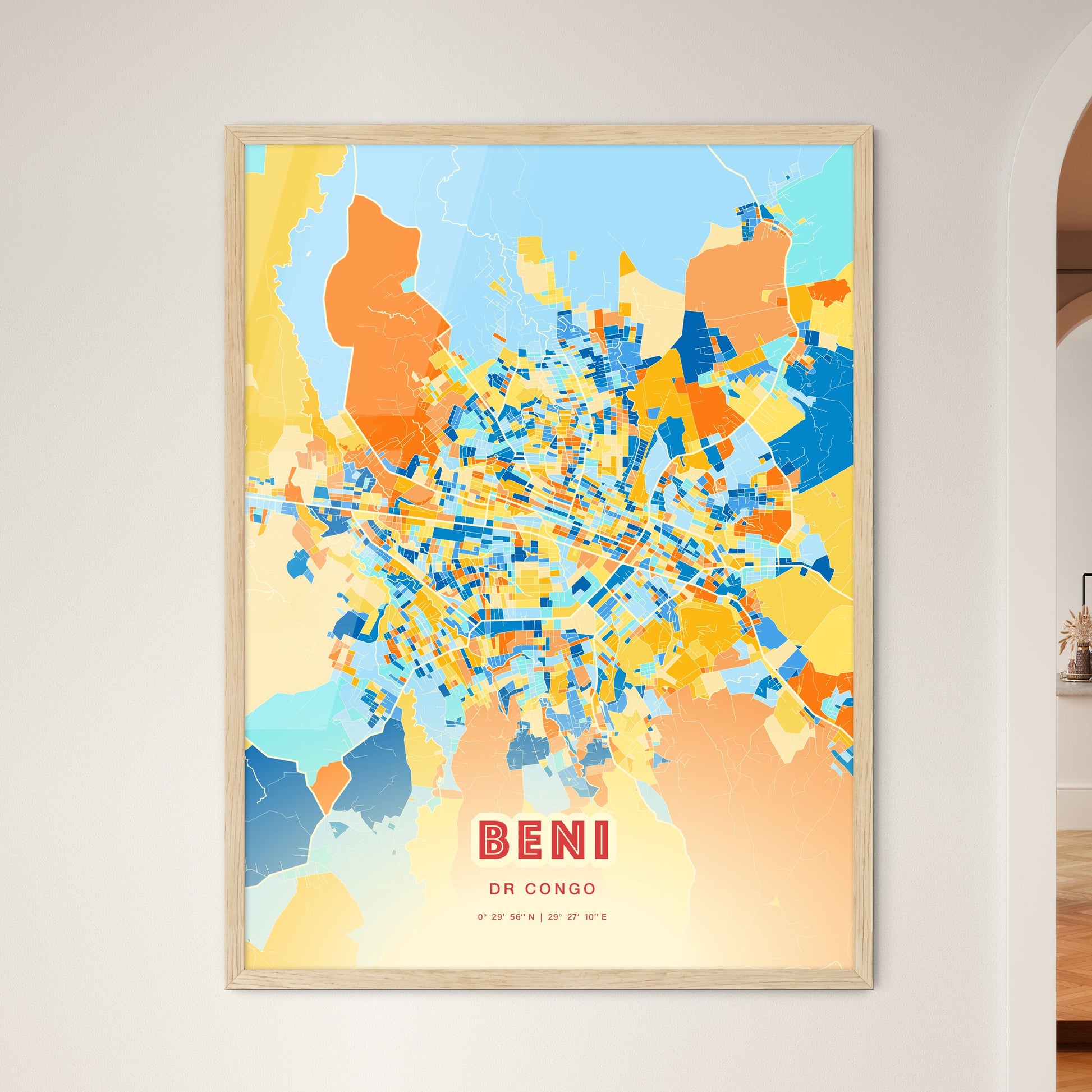 Colorful BENI DR CONGO Fine Art Map Blue Orange