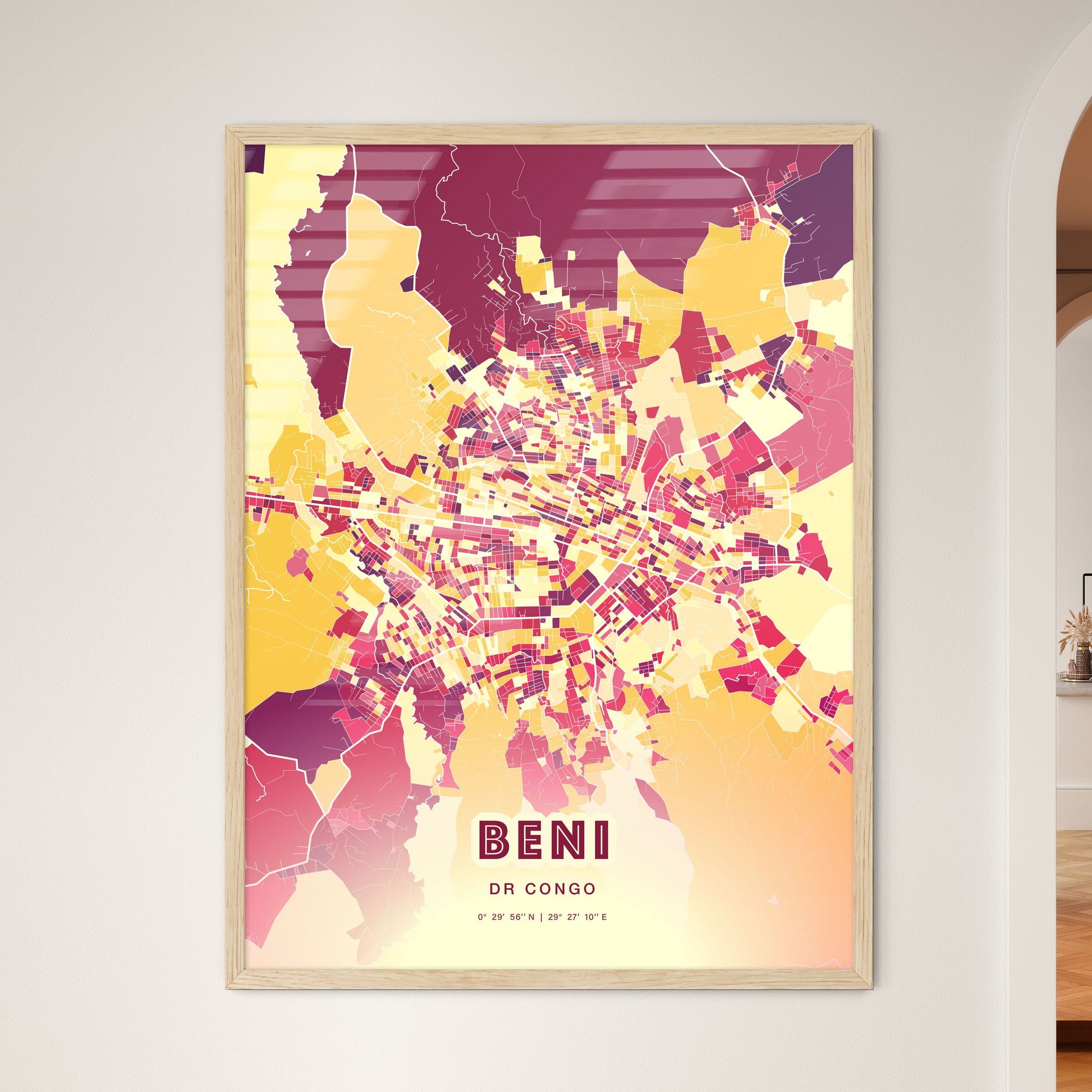 Colorful BENI DR CONGO Fine Art Map Hot Red