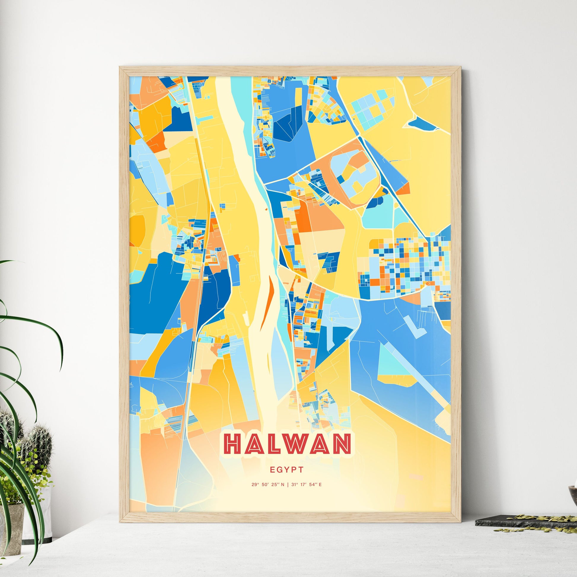 Colorful HALWAN EGYPT Fine Art Map Blue Orange