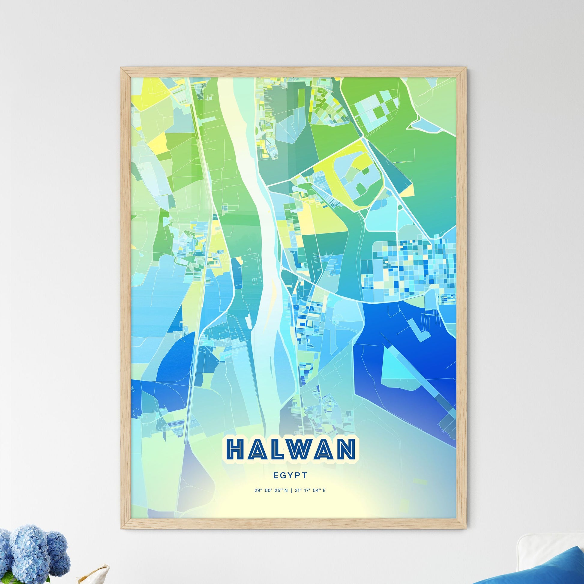 Colorful HALWAN EGYPT Fine Art Map Cool Blue