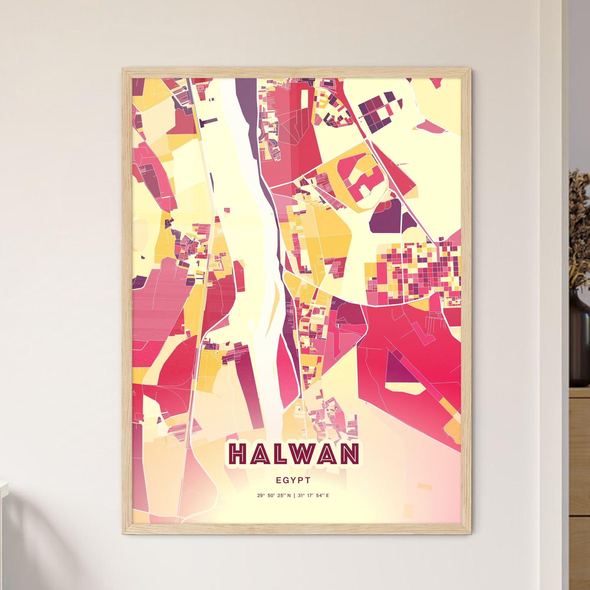 Colorful HALWAN EGYPT Fine Art Map Hot Red