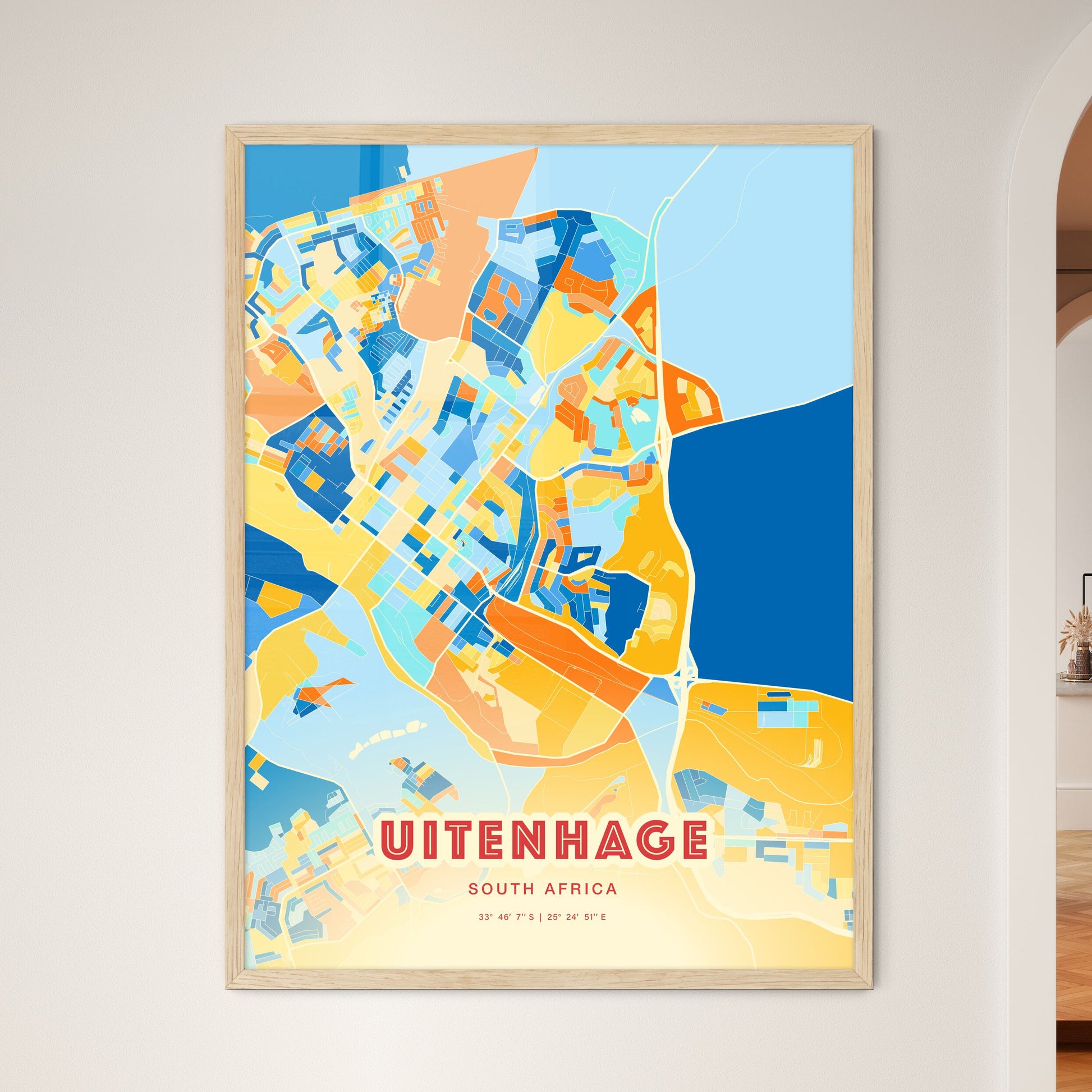 Colorful UITENHAGE SOUTH AFRICA Fine Art Map Blue Orange