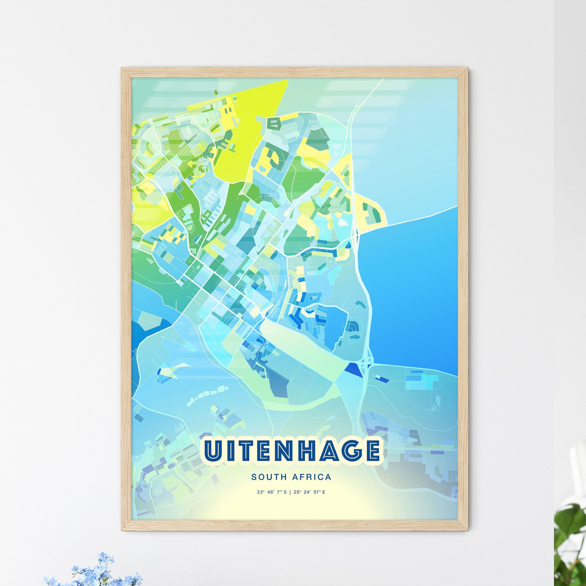 Colorful UITENHAGE SOUTH AFRICA Fine Art Map Cool Blue