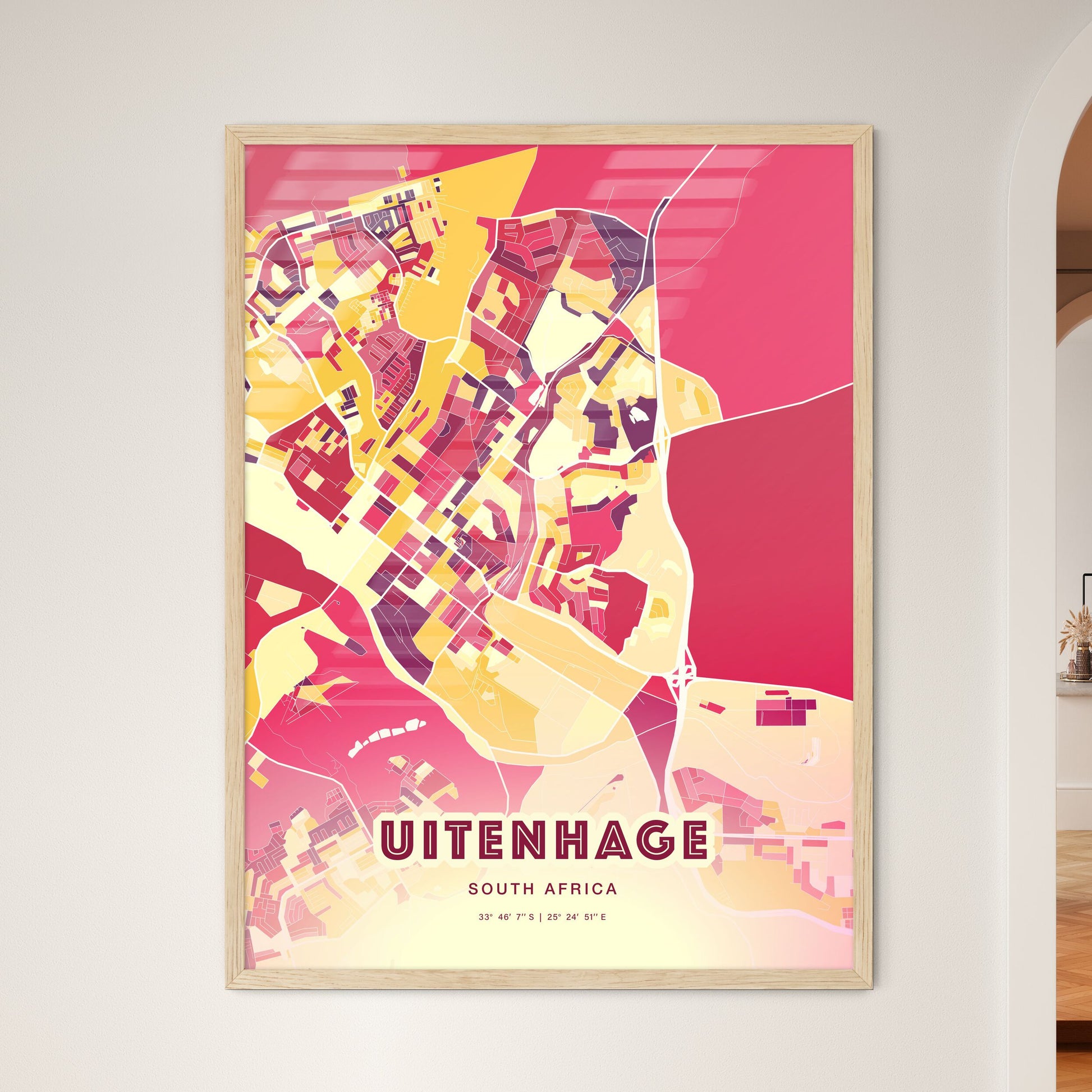 Colorful UITENHAGE SOUTH AFRICA Fine Art Map Hot Red