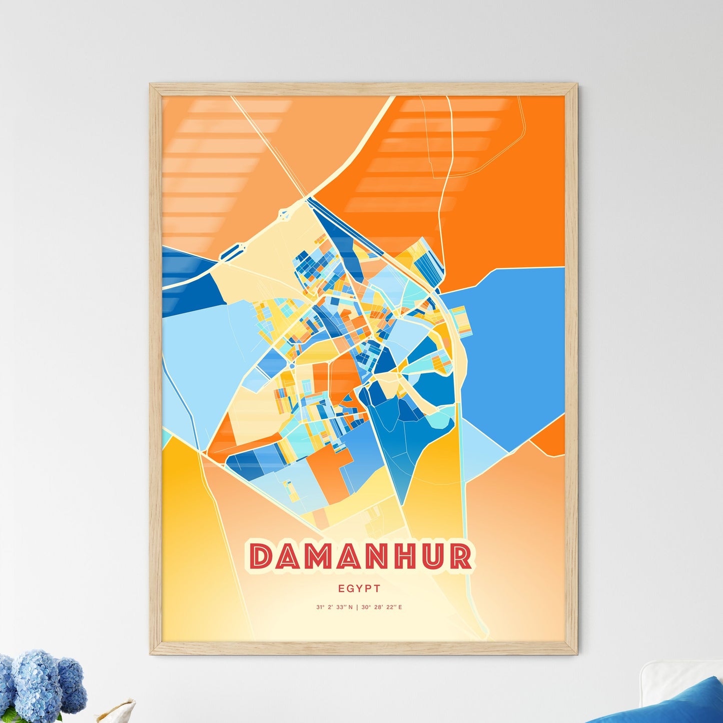 Colorful DAMANHUR EGYPT Fine Art Map Blue Orange