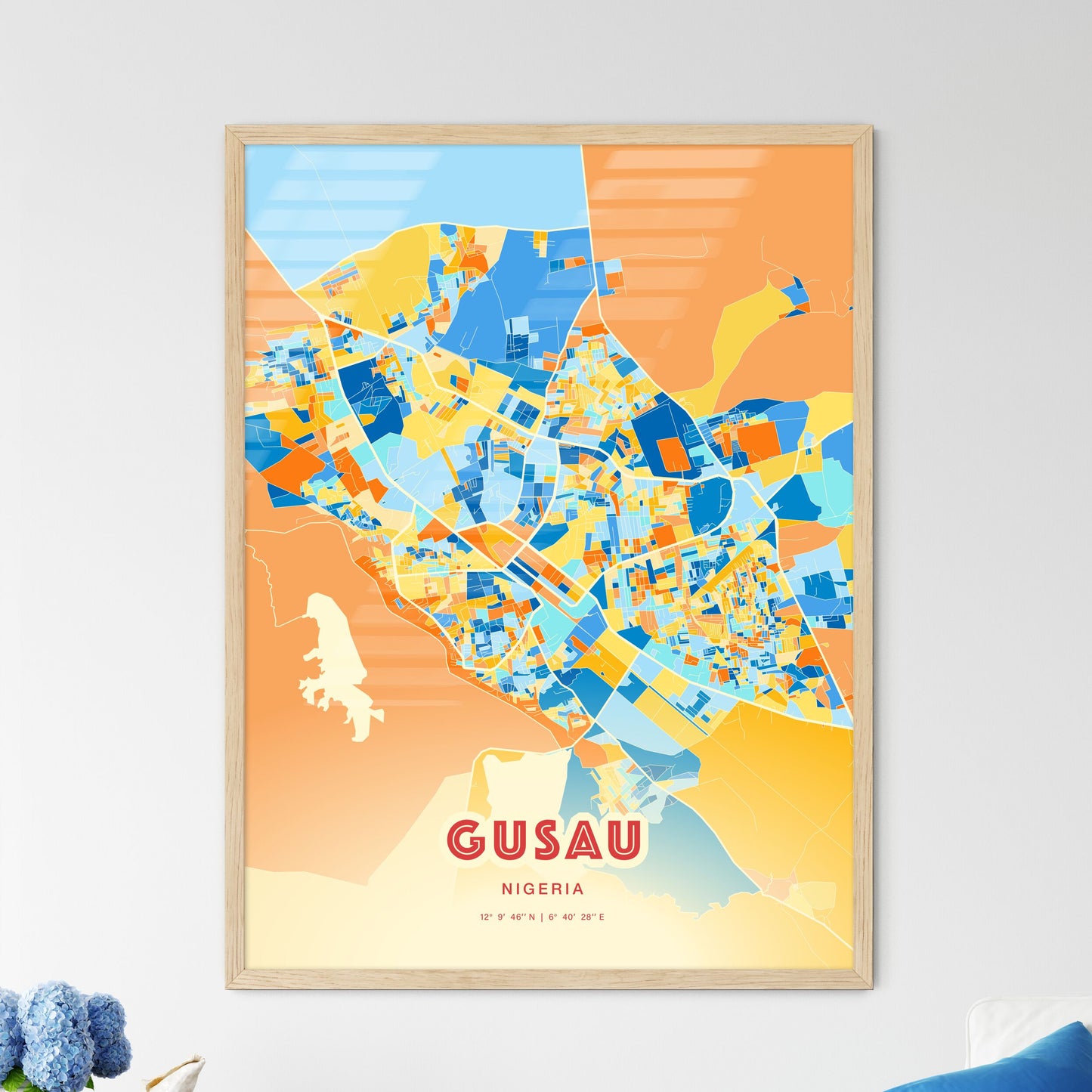 Colorful GUSAU NIGERIA Fine Art Map Blue Orange