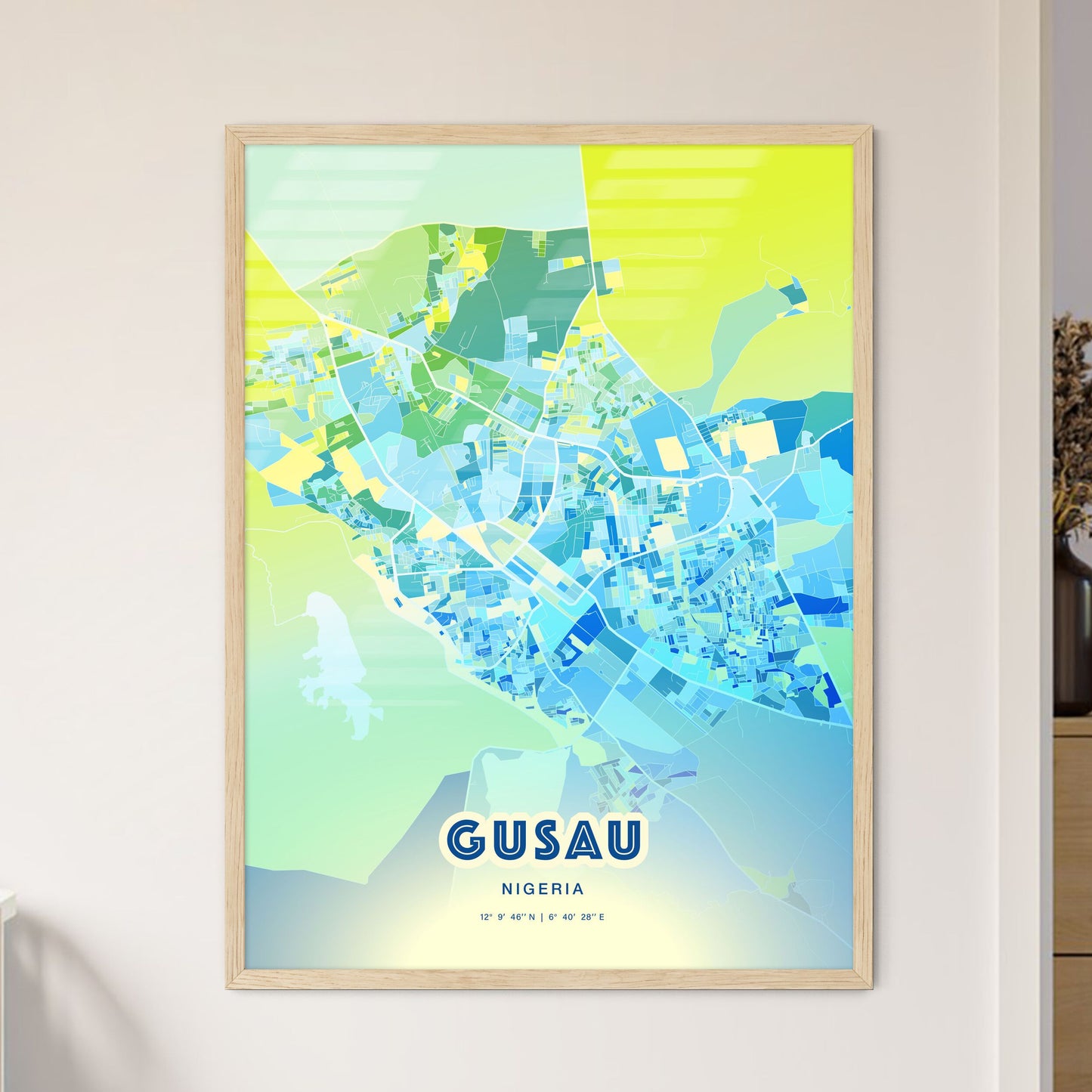 Colorful GUSAU NIGERIA Fine Art Map Cool Blue