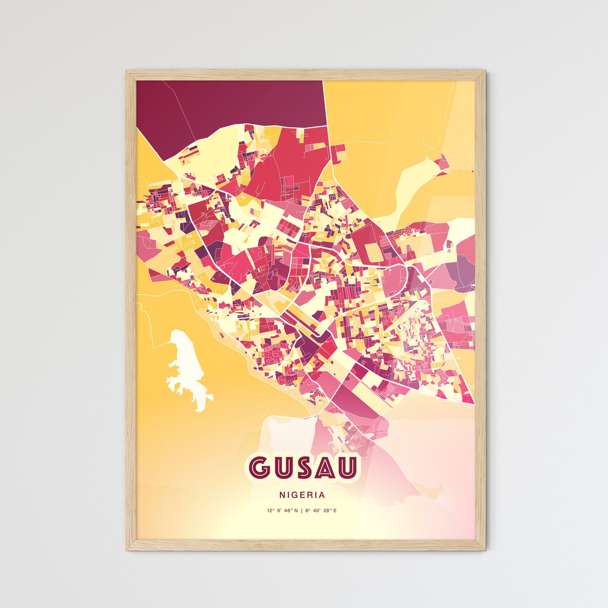 Colorful GUSAU NIGERIA Fine Art Map Hot Red