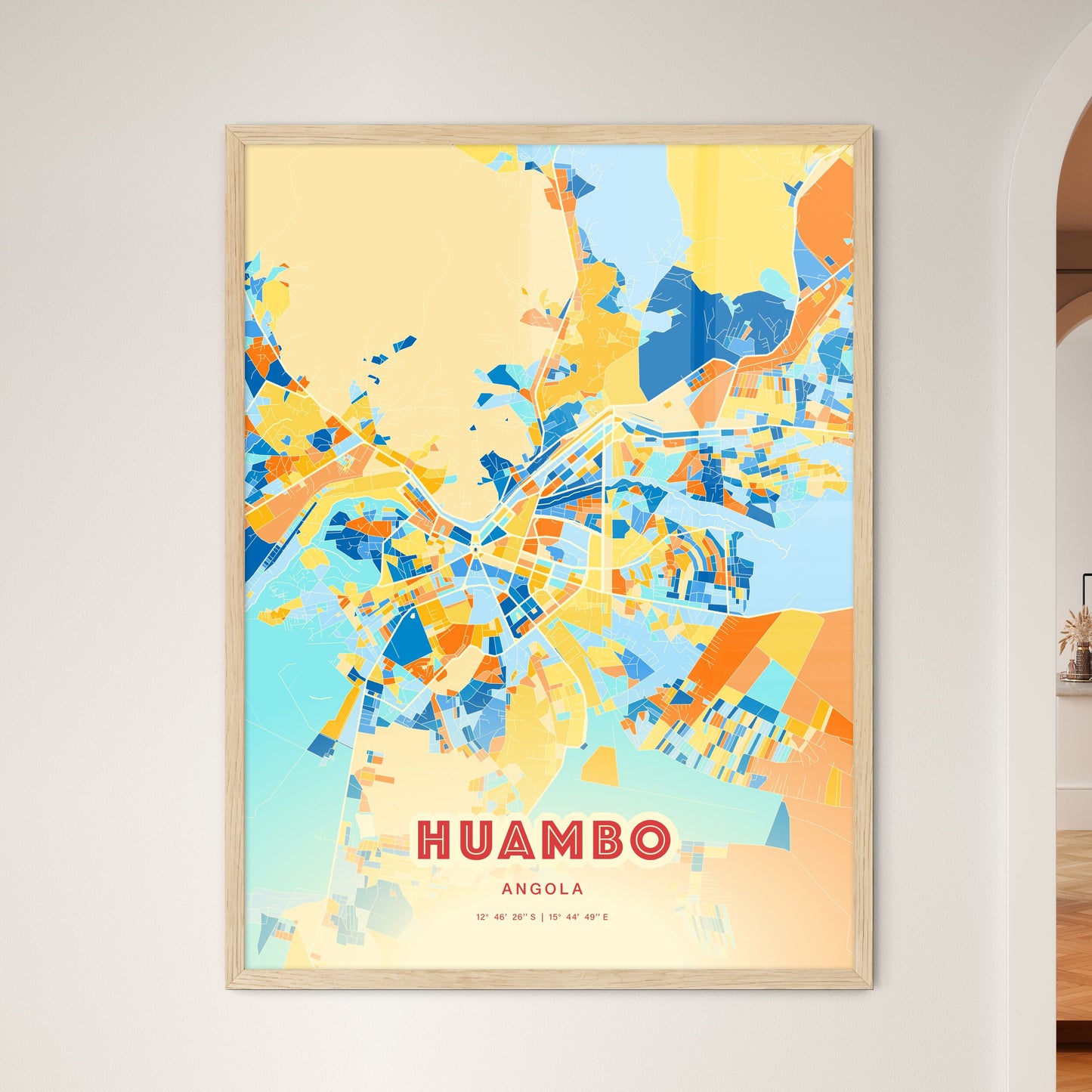 Colorful HUAMBO ANGOLA Fine Art Map Blue Orange