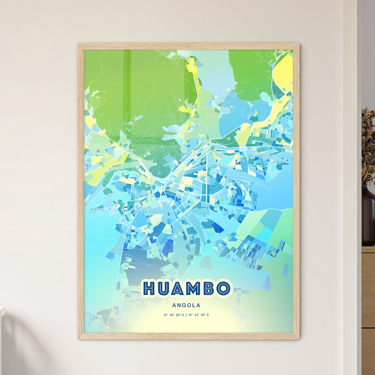 Colorful HUAMBO ANGOLA Fine Art Map Cool Blue