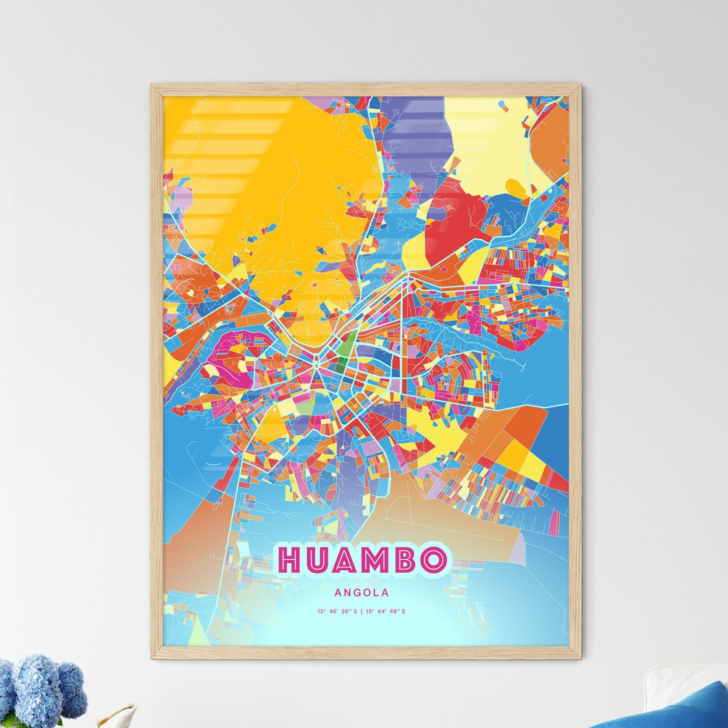 Colorful HUAMBO ANGOLA Fine Art Map Crazy Colors