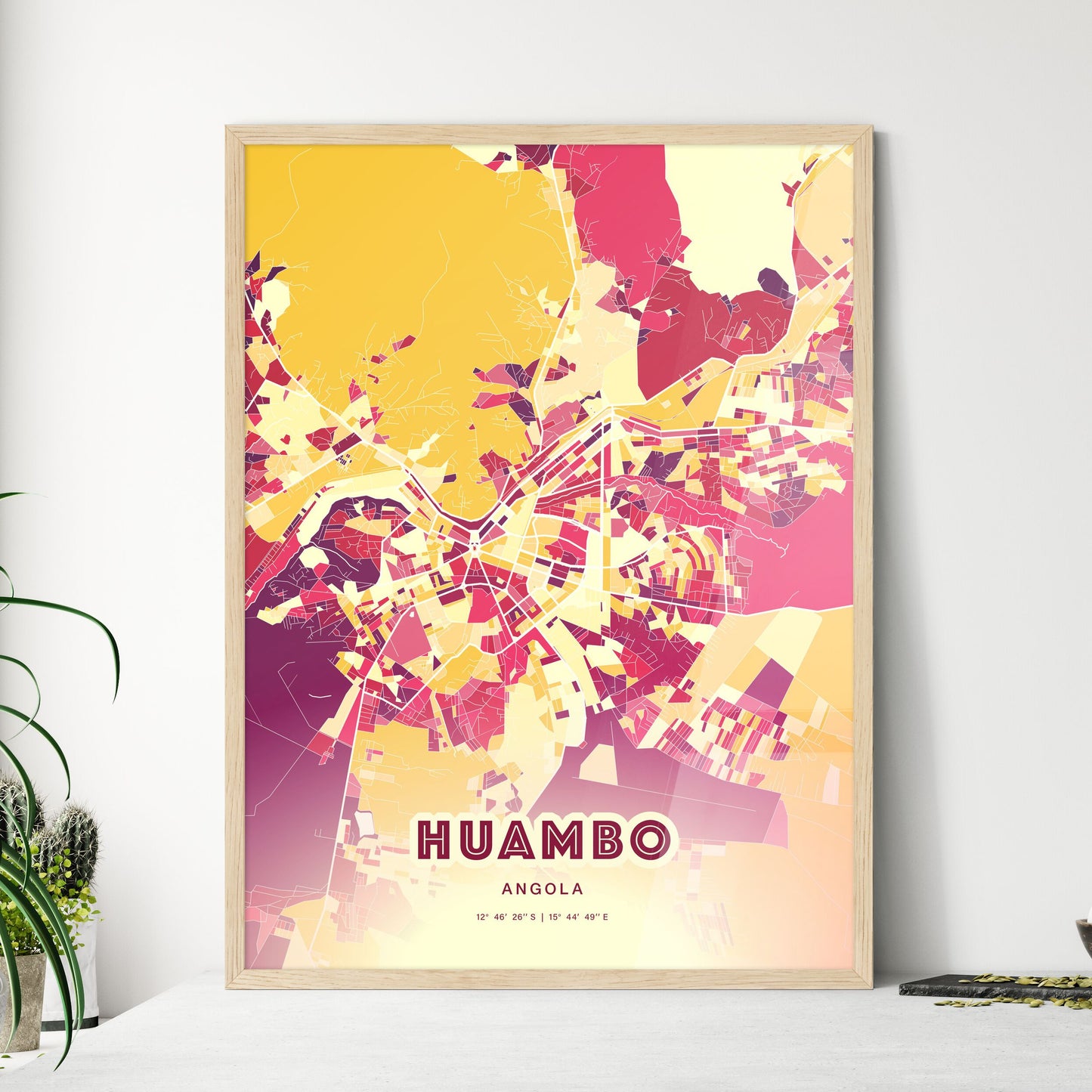 Colorful HUAMBO ANGOLA Fine Art Map Hot Red