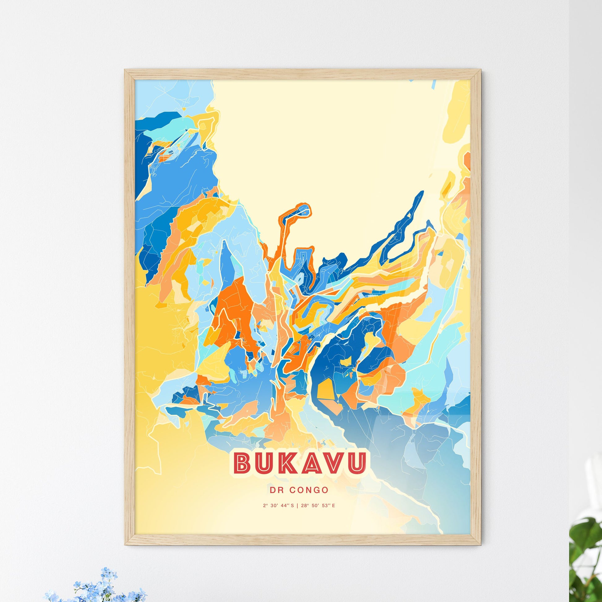 Colorful BUKAVU DR CONGO Fine Art Map Blue Orange