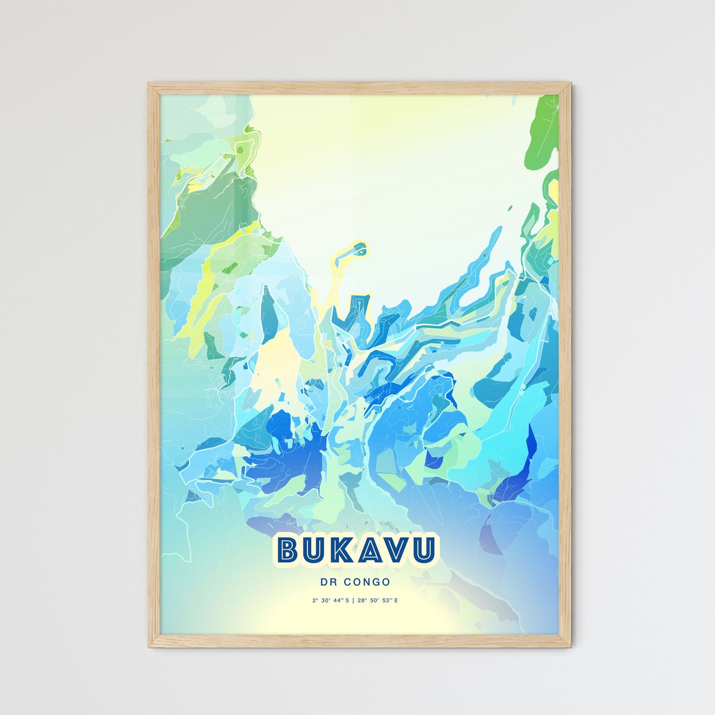 Colorful BUKAVU DR CONGO Fine Art Map Cool Blue