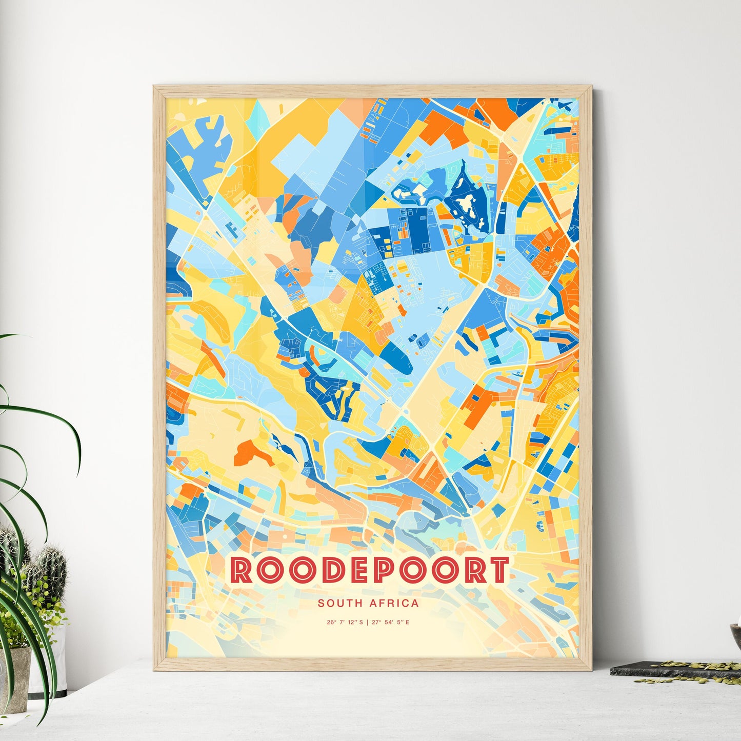 Colorful ROODEPOORT SOUTH AFRICA Fine Art Map Blue Orange