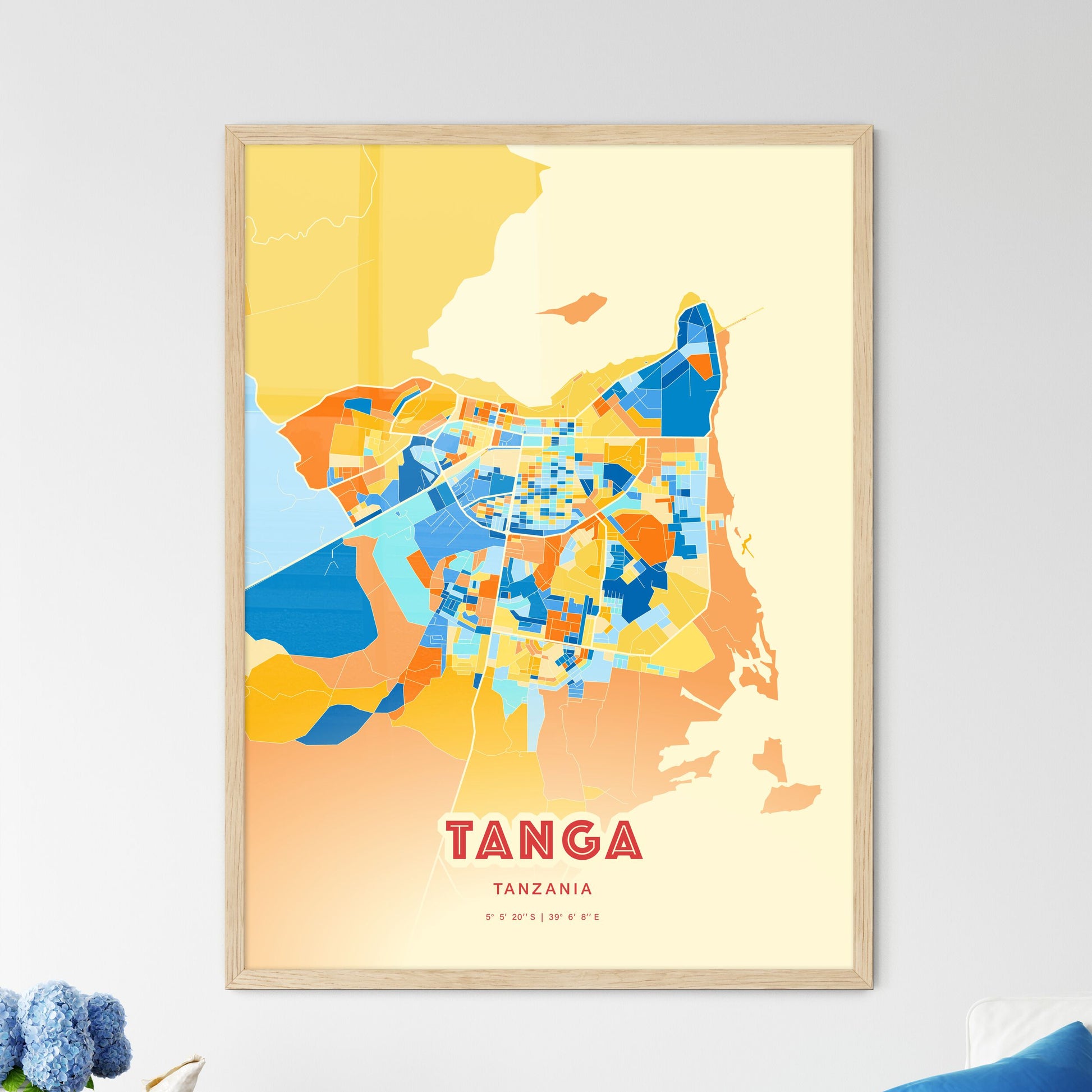 Colorful TANGA TANZANIA Fine Art Map Blue Orange