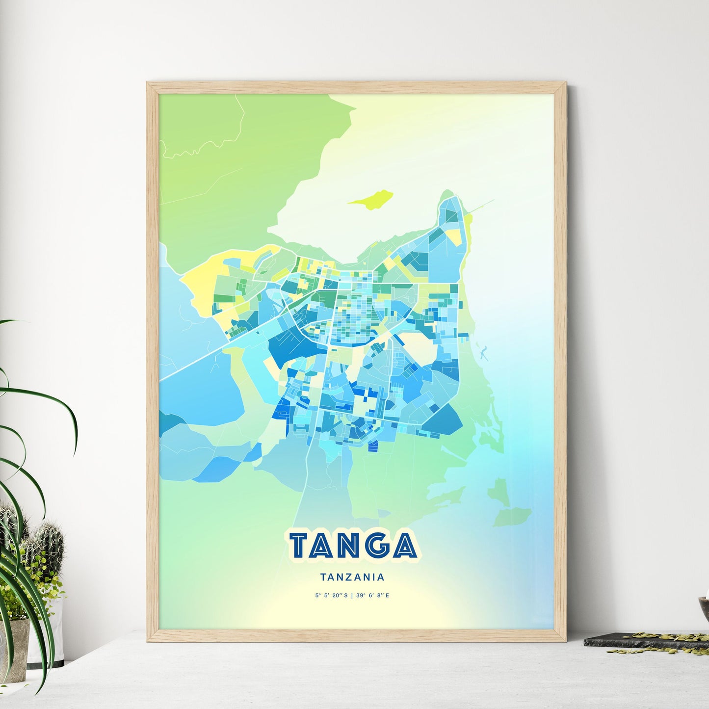 Colorful TANGA TANZANIA Fine Art Map Cool Blue