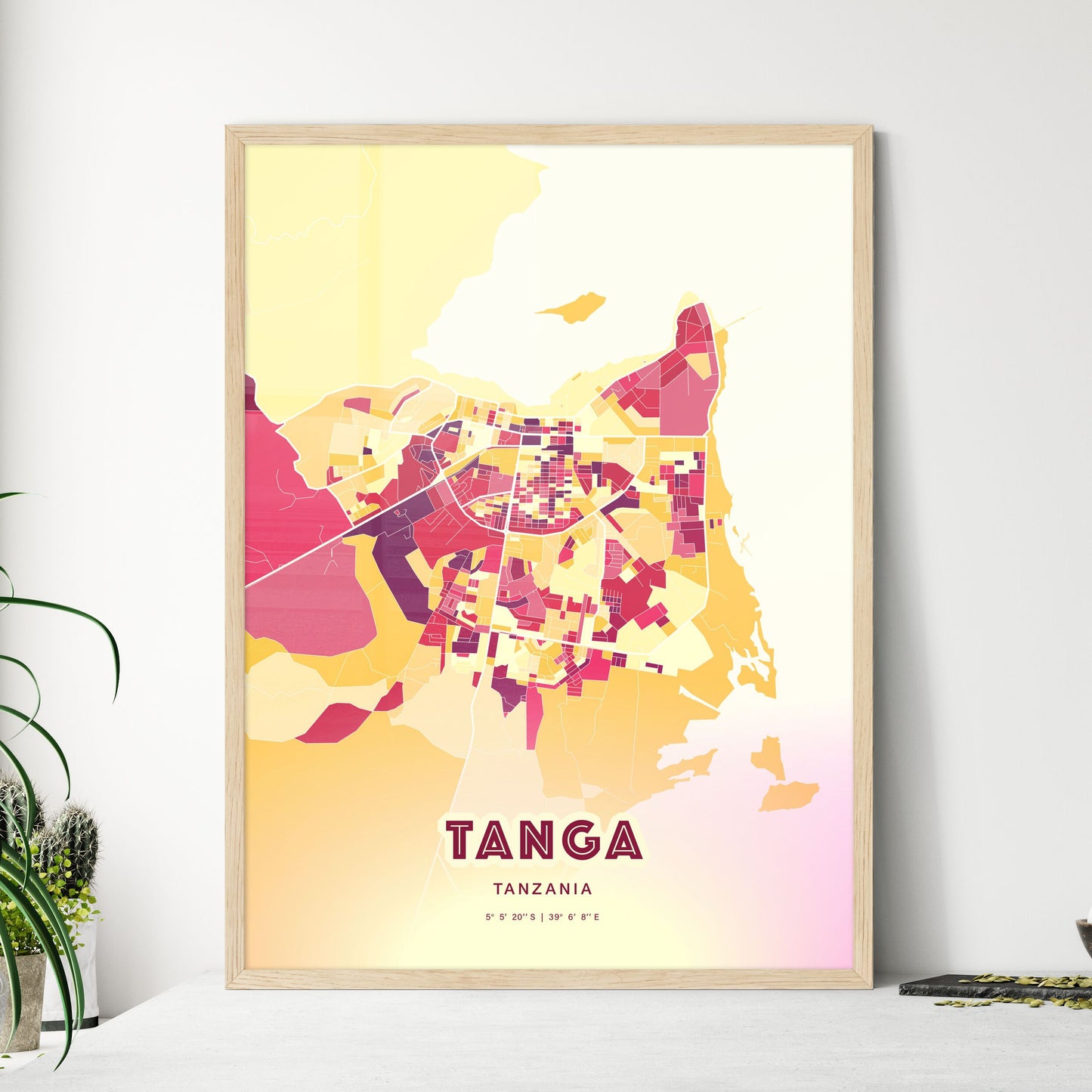 Colorful TANGA TANZANIA Fine Art Map Hot Red