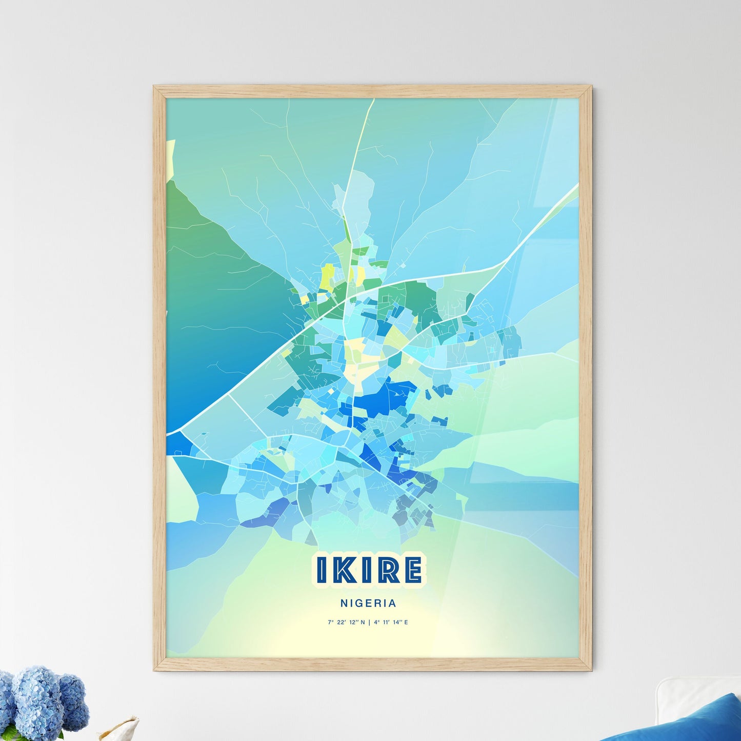 Colorful IKIRE NIGERIA Fine Art Map Cool Blue