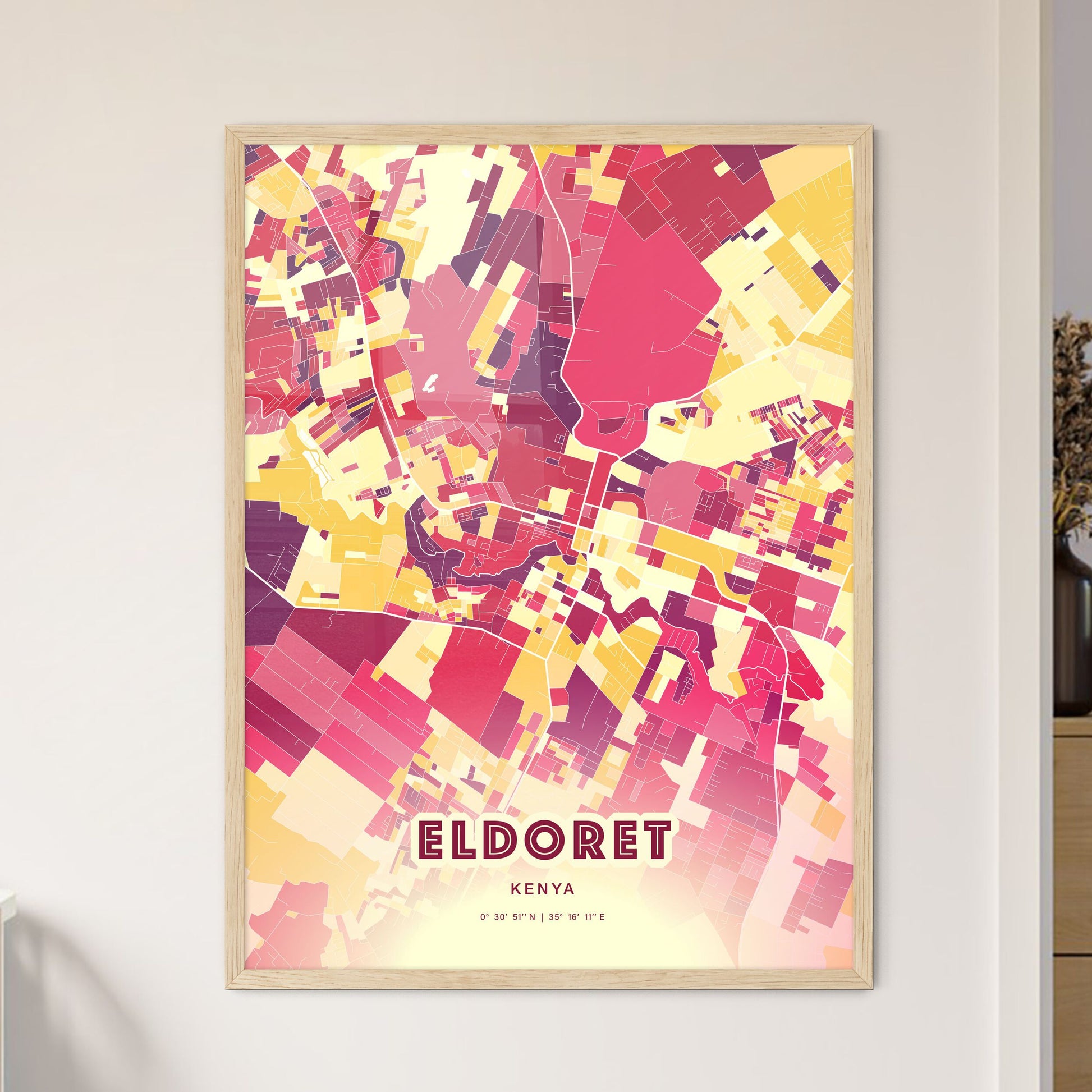 Colorful ELDORET KENYA Fine Art Map Hot Red