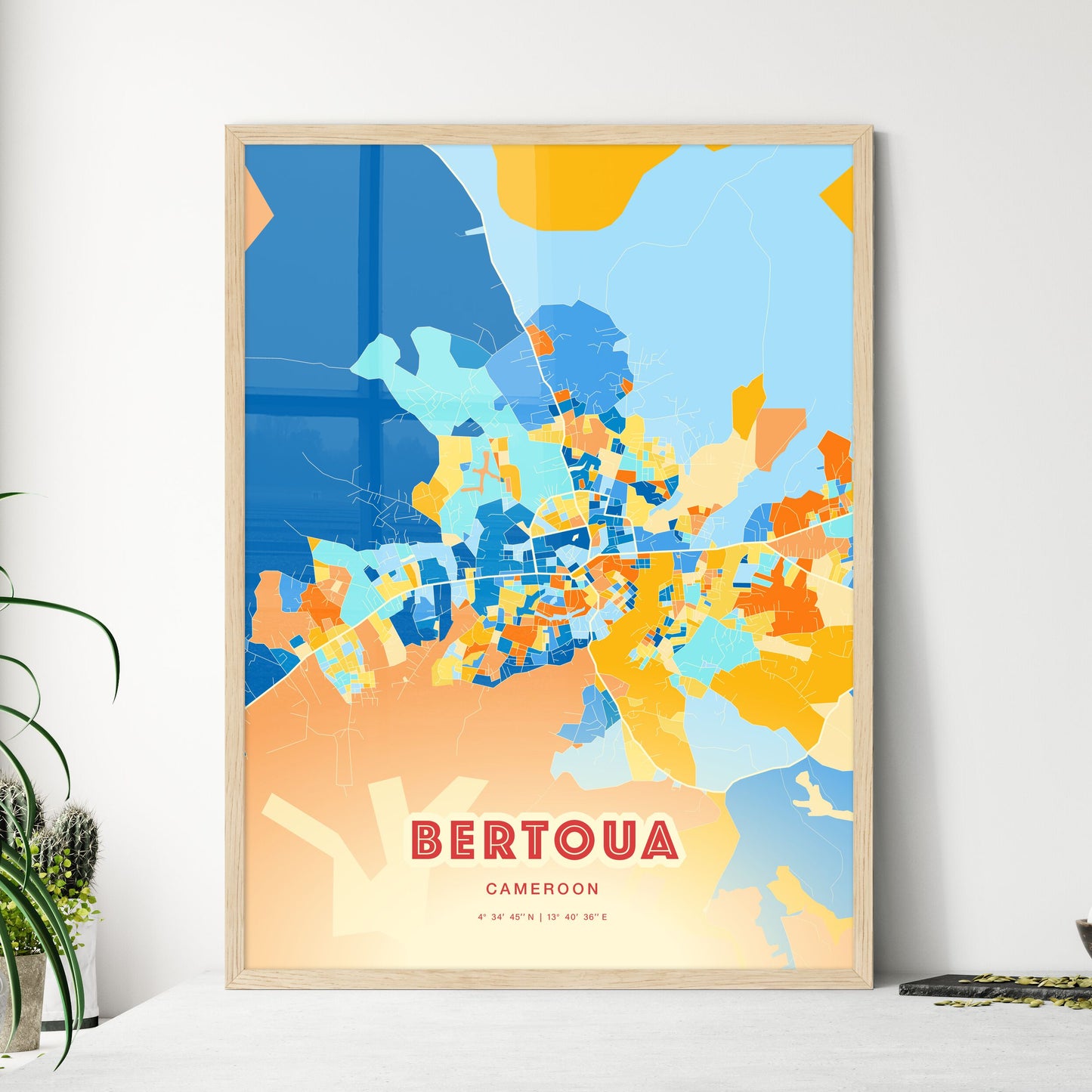 Colorful BERTOUA CAMEROON Fine Art Map Blue Orange