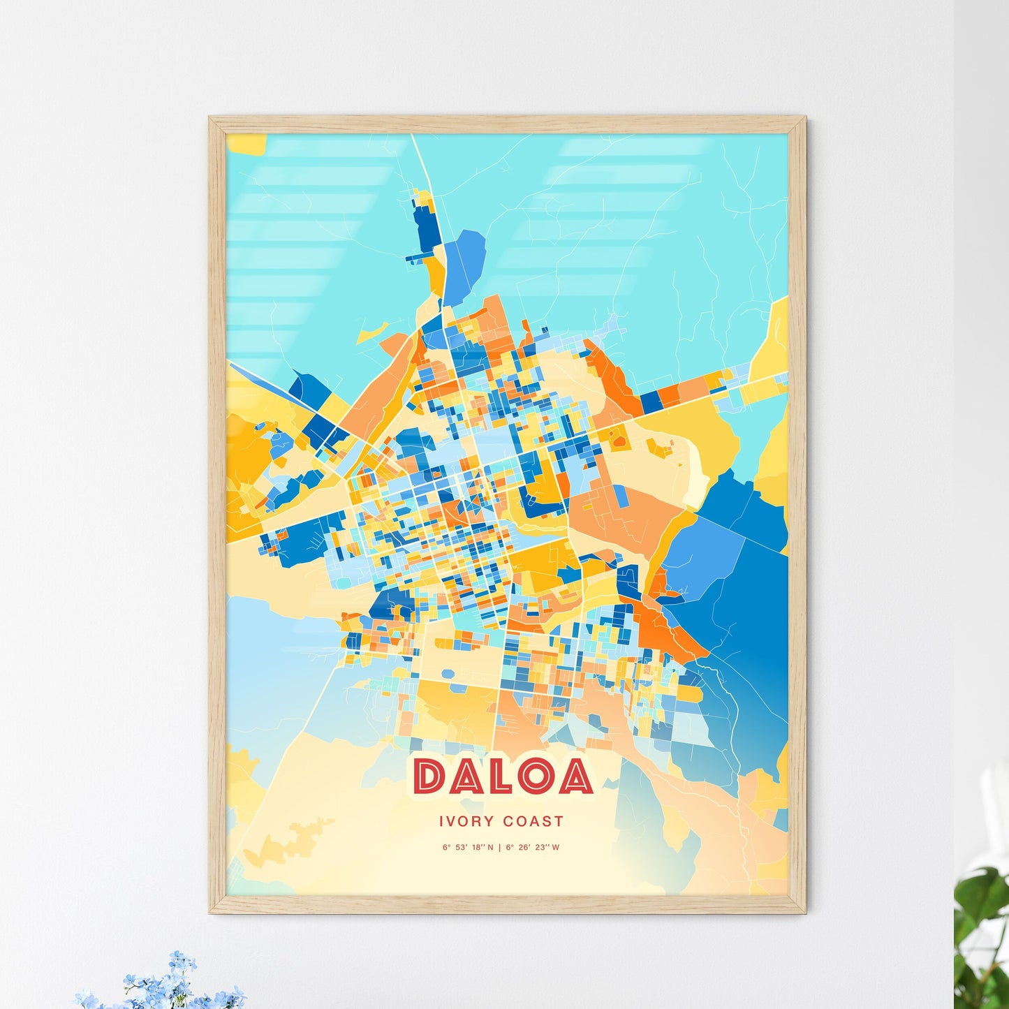 Colorful DALOA IVORY COAST Fine Art Map Blue Orange