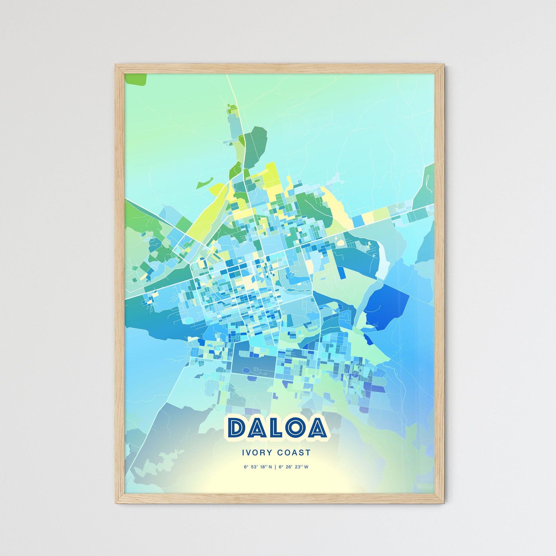 Colorful DALOA IVORY COAST Fine Art Map Cool Blue