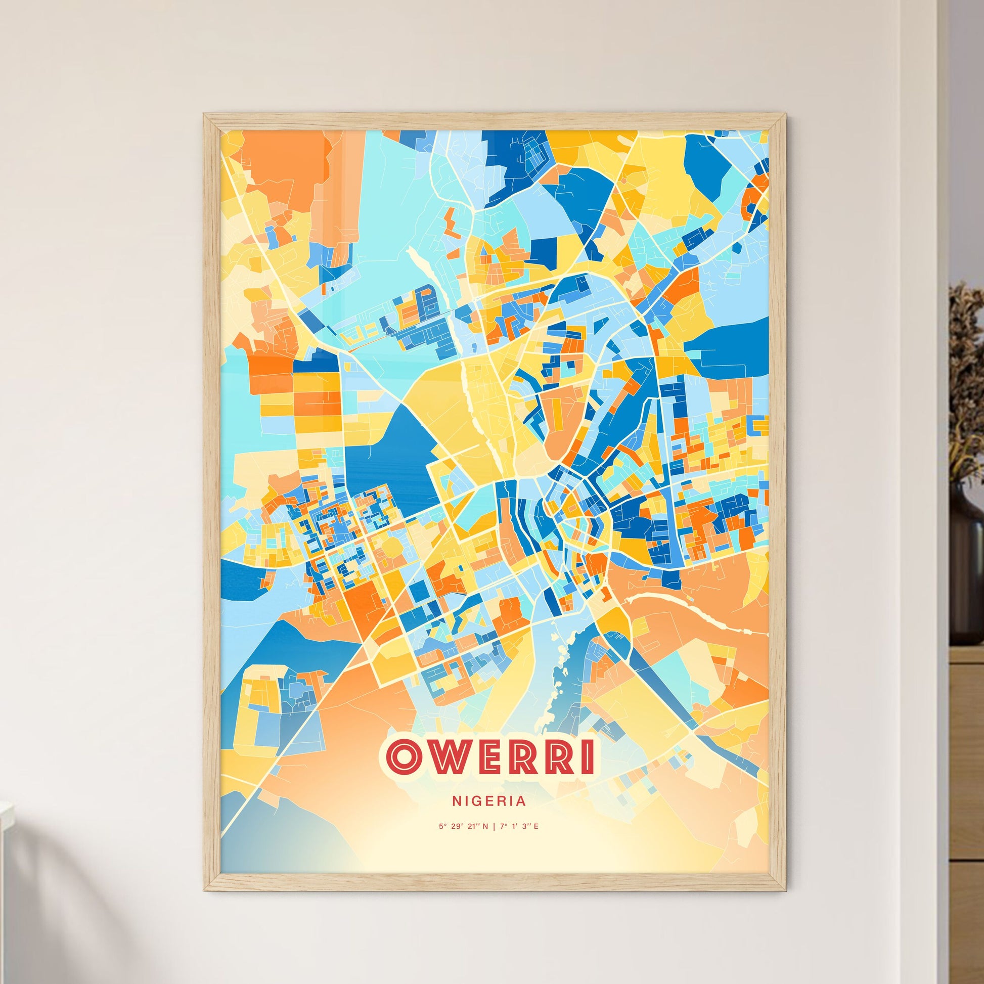 Colorful OWERRI NIGERIA Fine Art Map Blue Orange