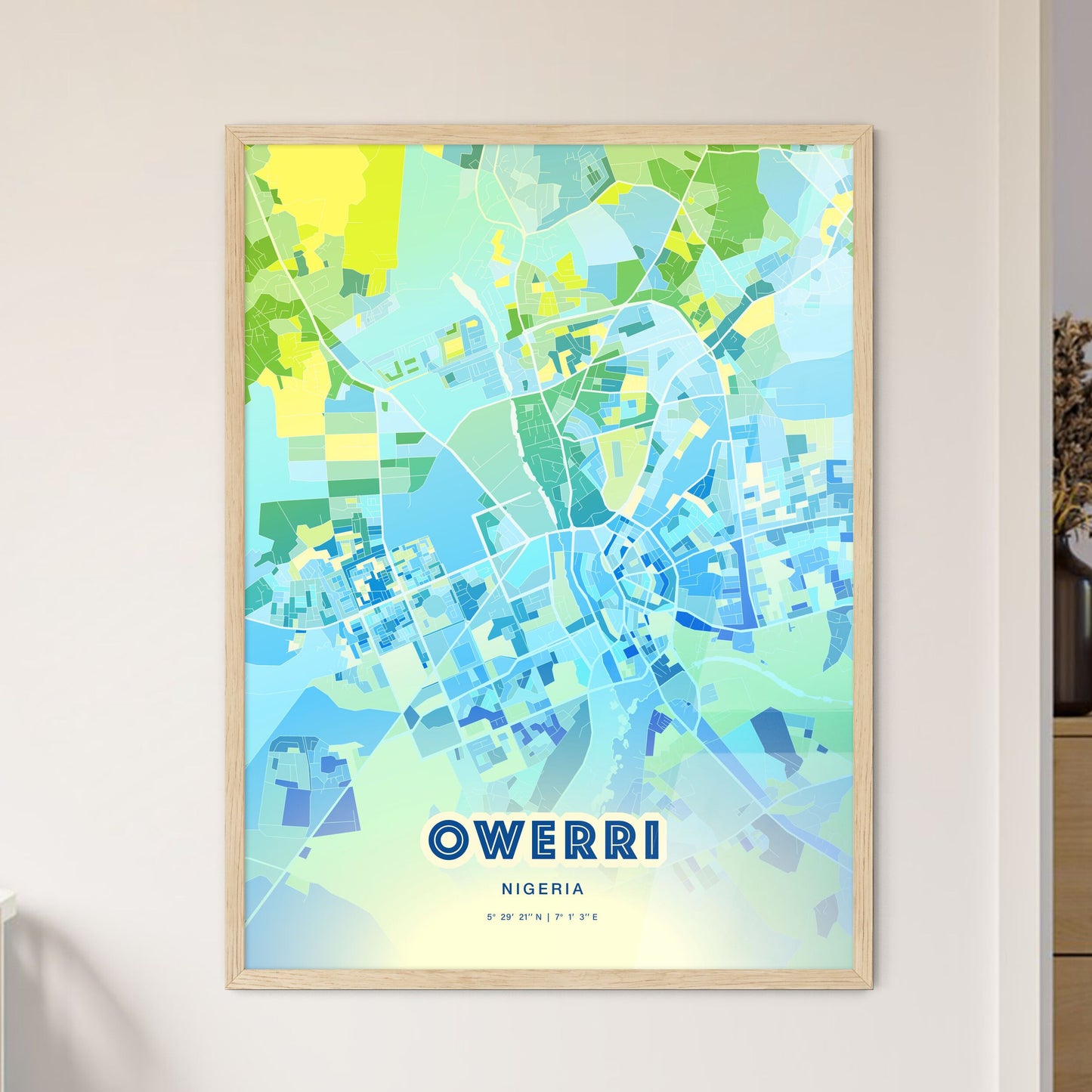 Colorful OWERRI NIGERIA Fine Art Map Cool Blue