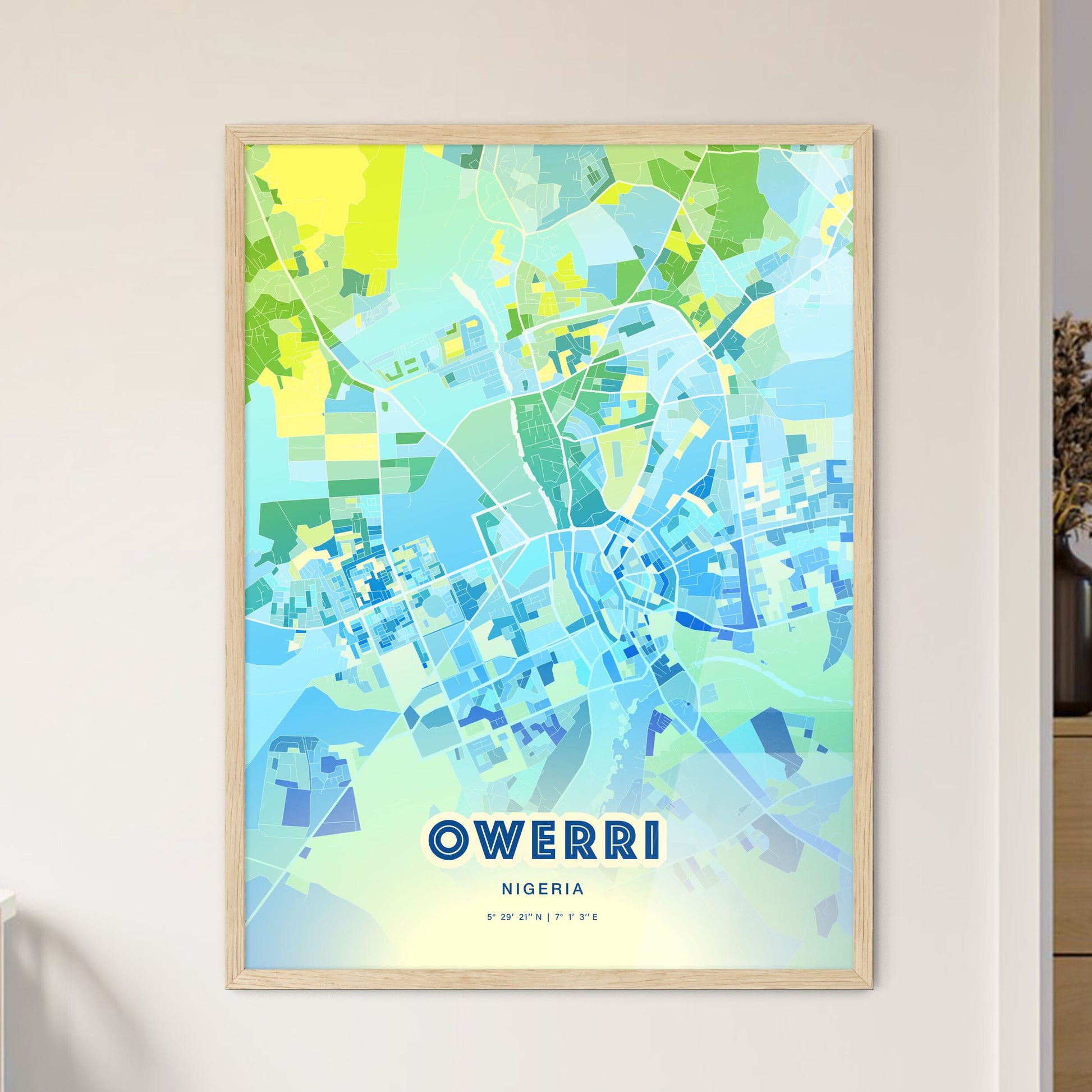 Colorful OWERRI NIGERIA Fine Art Map Cool Blue