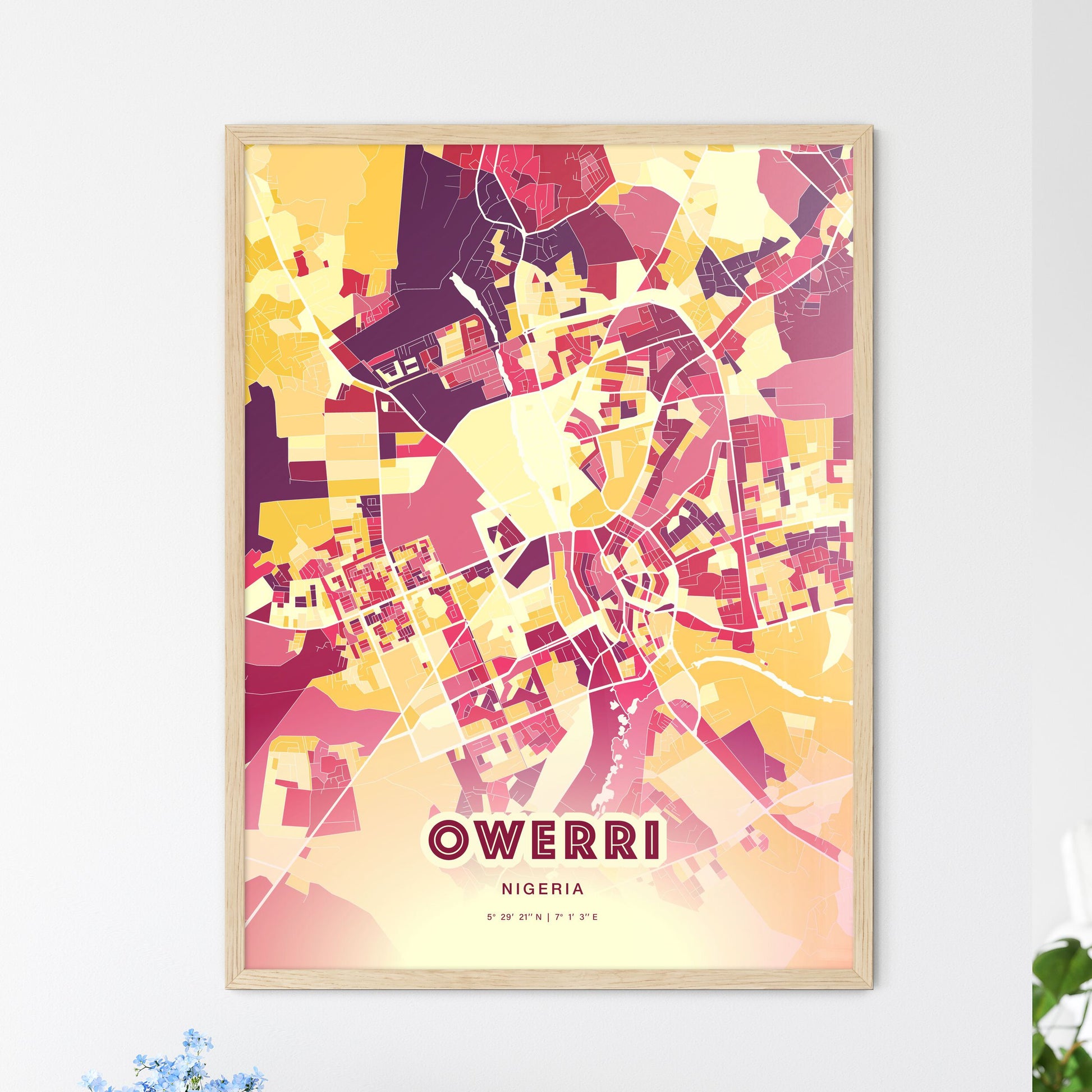 Colorful OWERRI NIGERIA Fine Art Map Hot Red