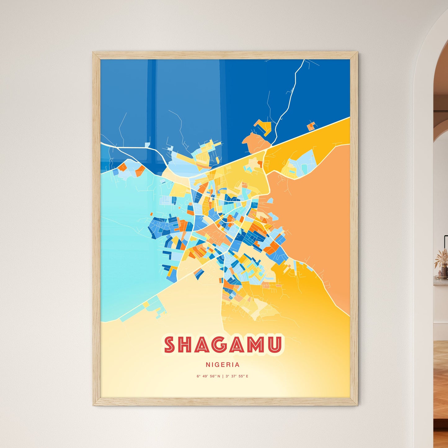 Colorful SHAGAMU NIGERIA Fine Art Map Blue Orange