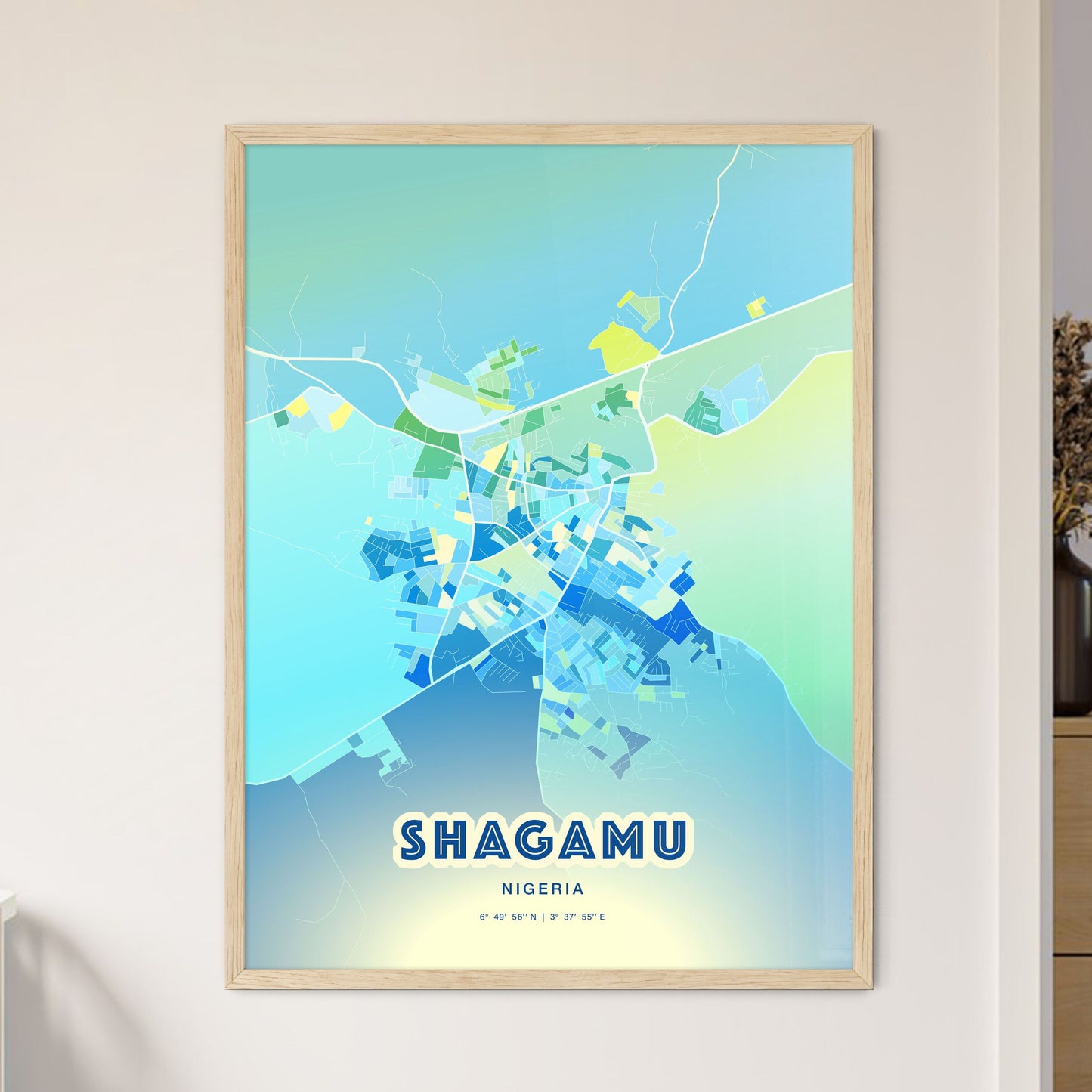 Colorful SHAGAMU NIGERIA Fine Art Map Cool Blue