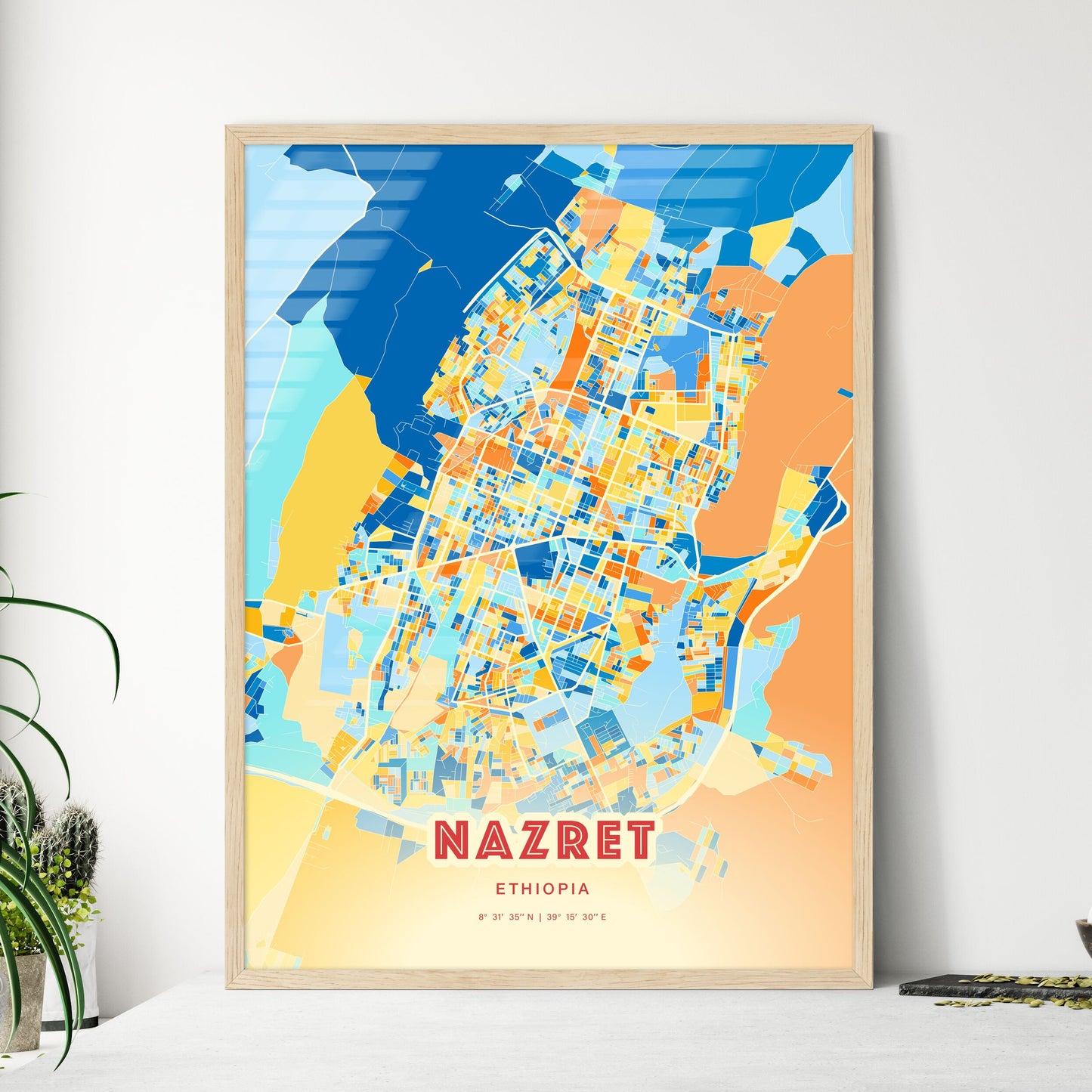 Colorful NAZRET ETHIOPIA Fine Art Map Blue Orange