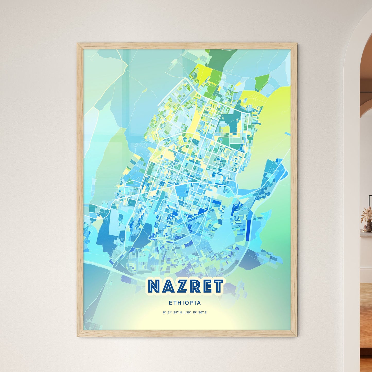 Colorful NAZRET ETHIOPIA Fine Art Map Cool Blue