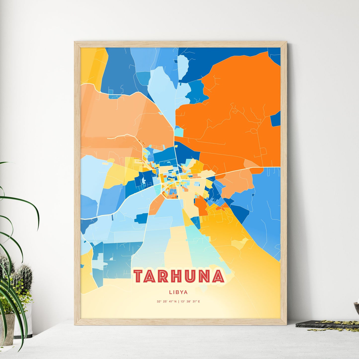 Colorful TARHUNA LIBYA Fine Art Map Blue Orange