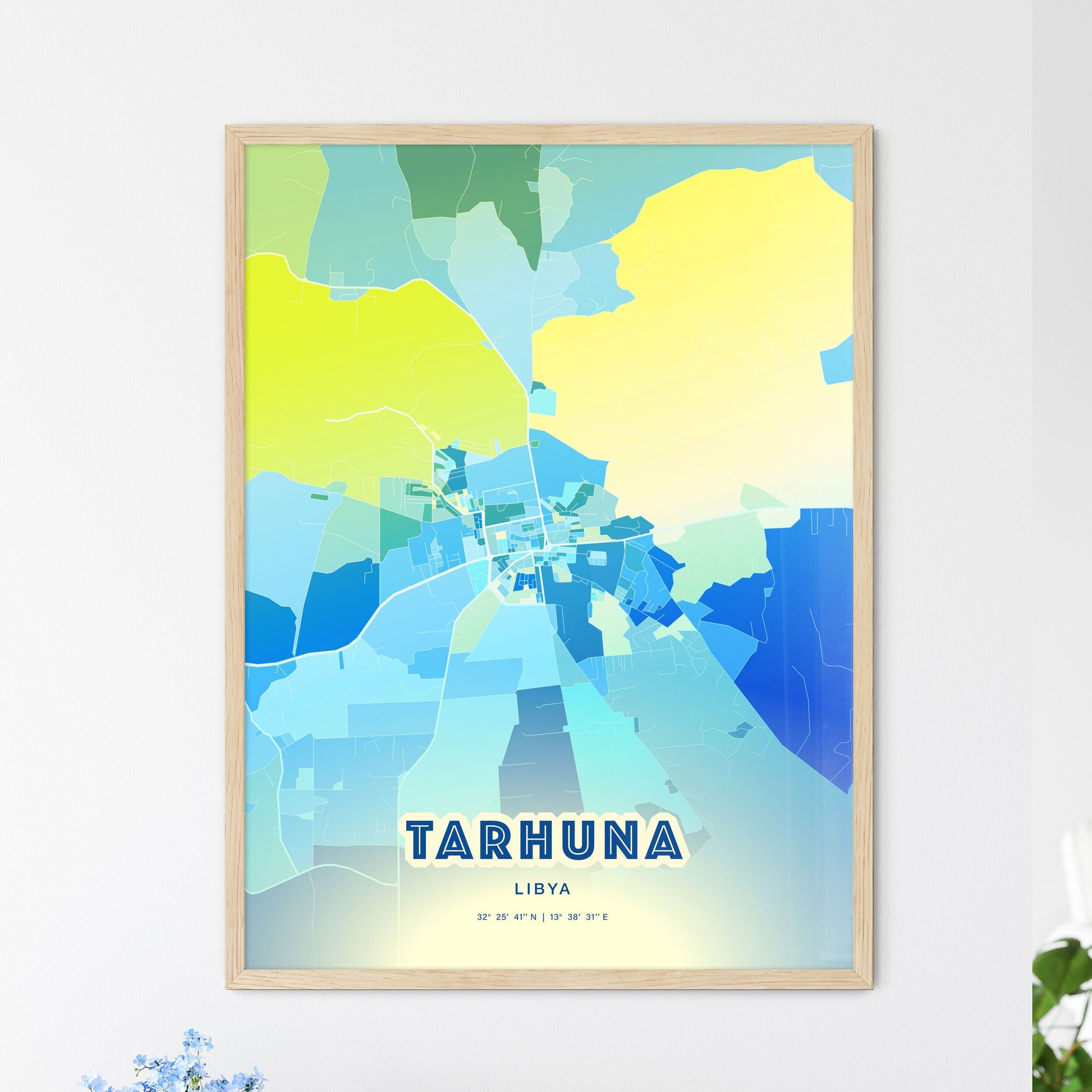 Colorful TARHUNA LIBYA Fine Art Map Cool Blue