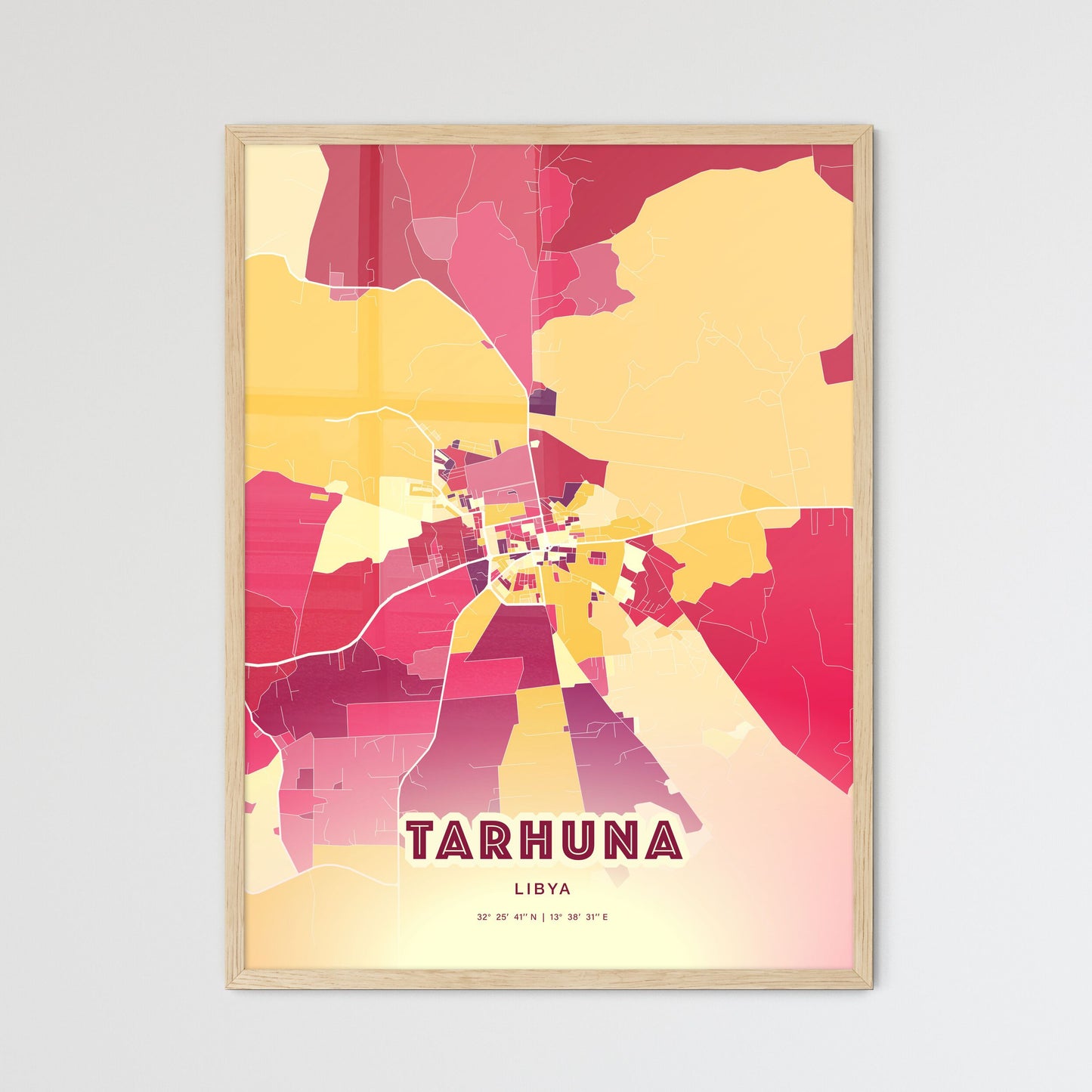 Colorful TARHUNA LIBYA Fine Art Map Hot Red