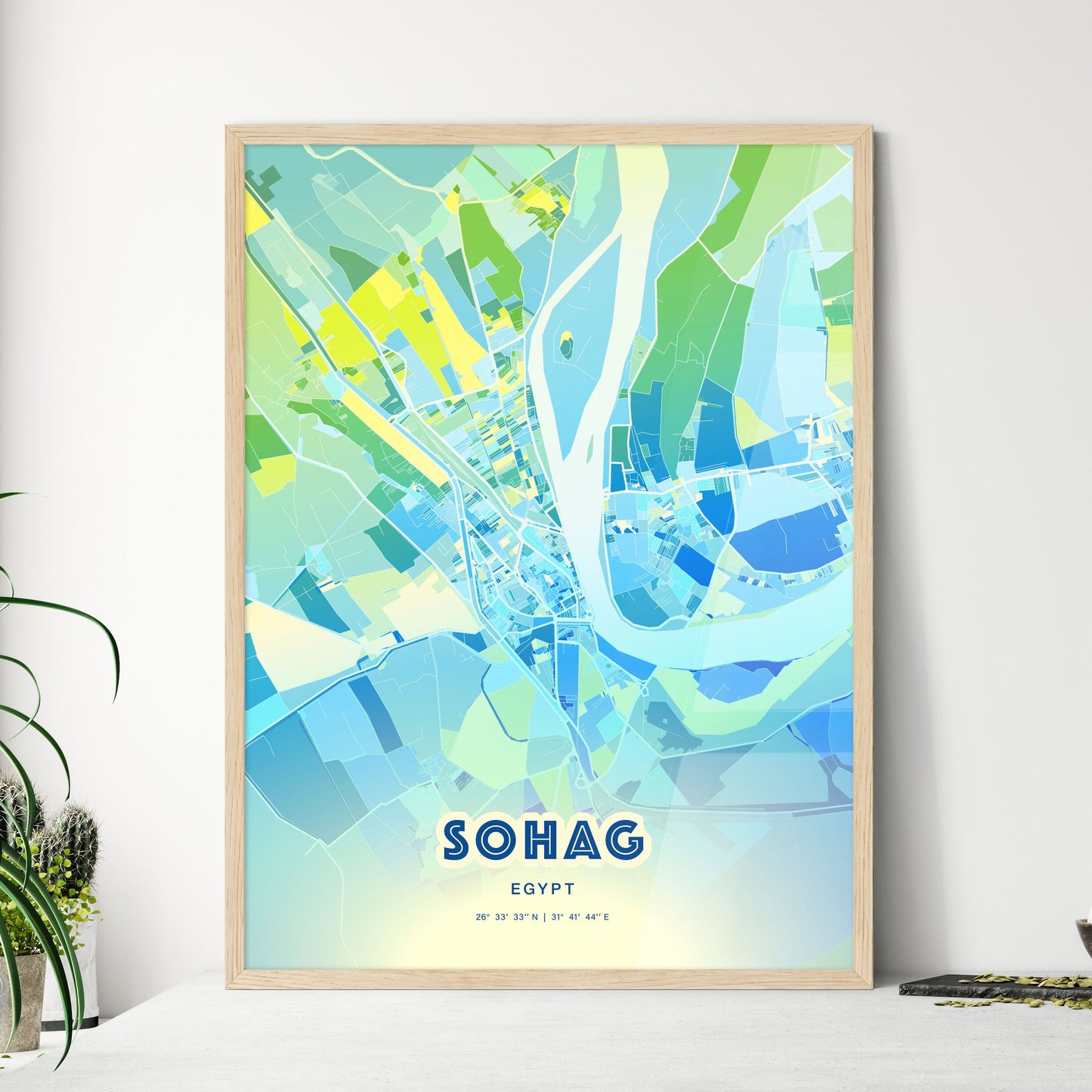 Colorful SOHAG EGYPT Fine Art Map Cool Blue