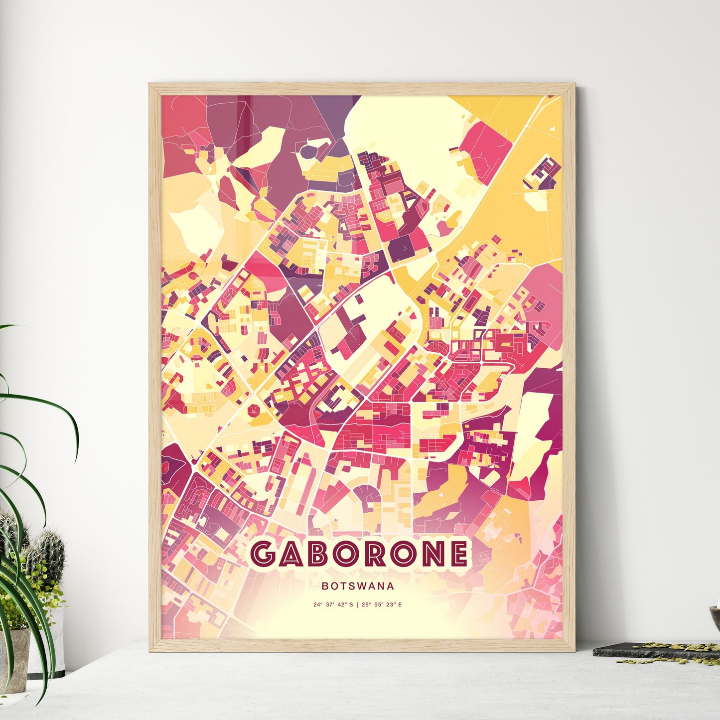 Colorful GABORONE BOTSWANA Fine Art Map Hot Red