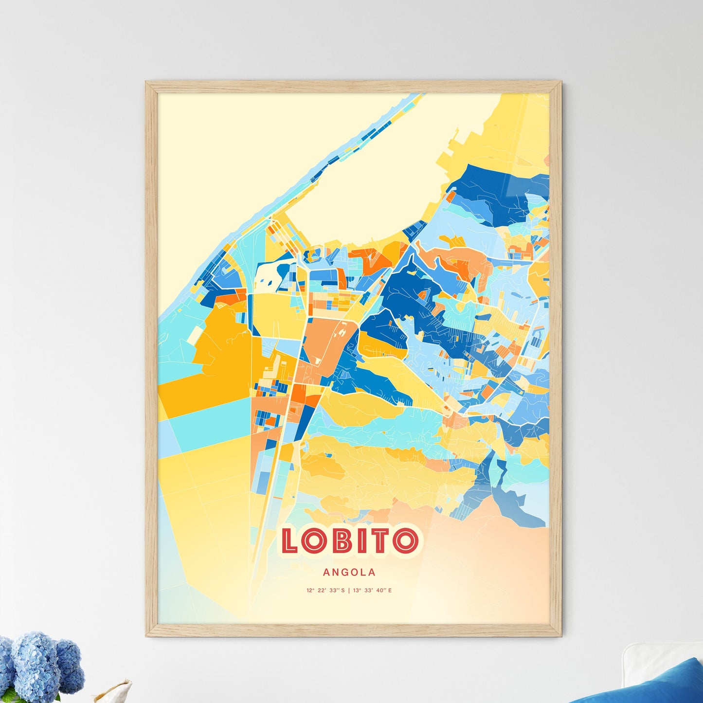 Colorful LOBITO ANGOLA Fine Art Map Blue Orange